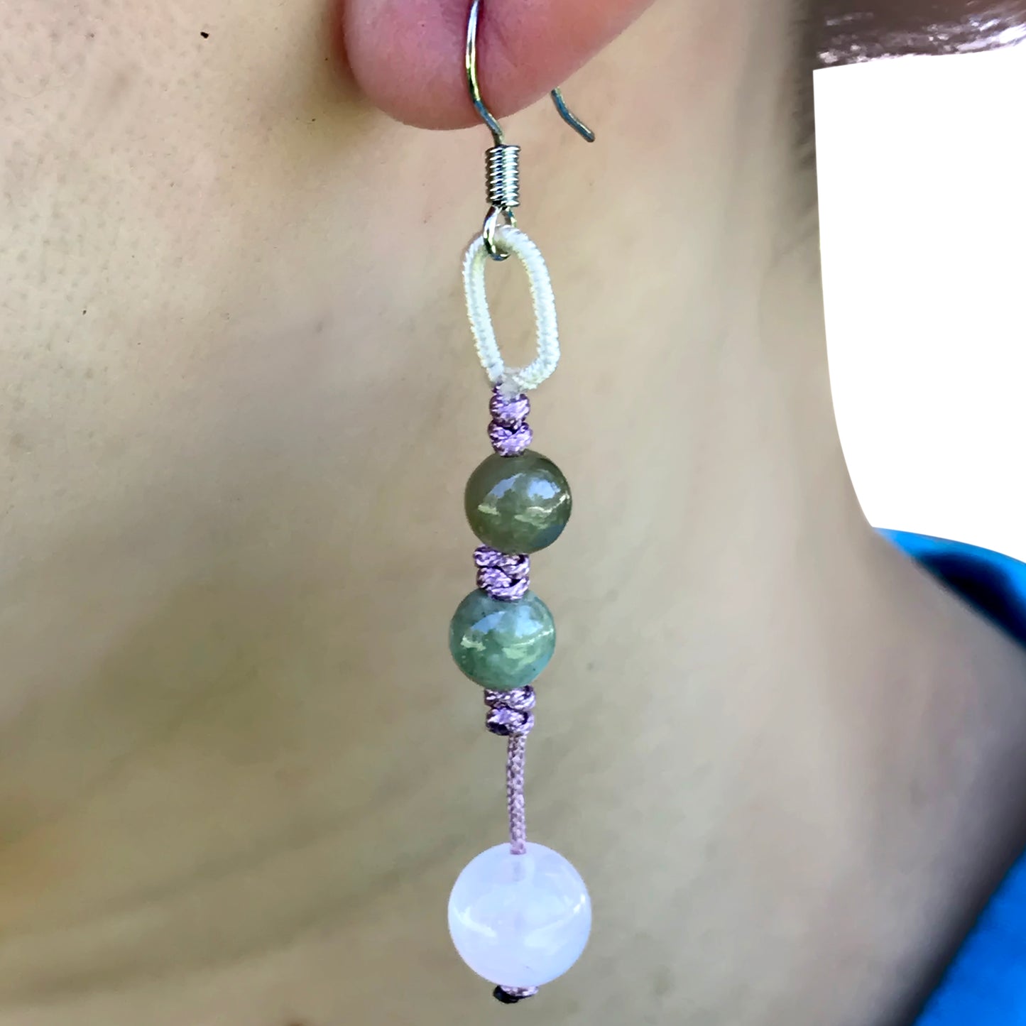 Add a Little Color to Your Look with Playful Beads Rose Quartz Earrings made with Lavender Cord