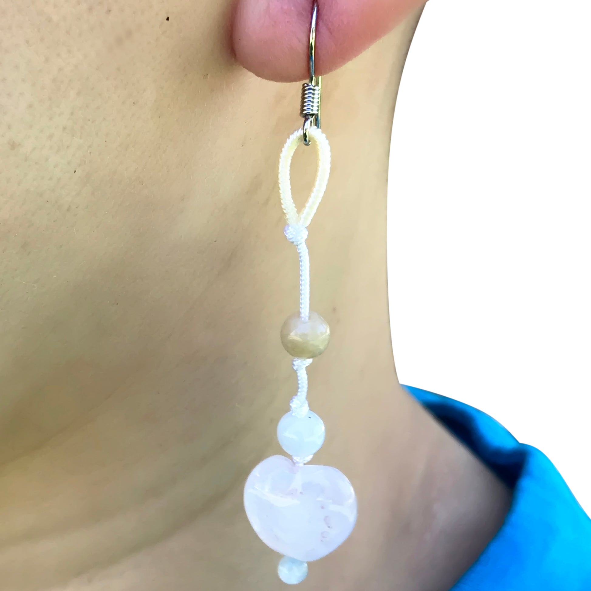 Get Ready to Shine with Rose Quartz Heart Earrings made with White Cord