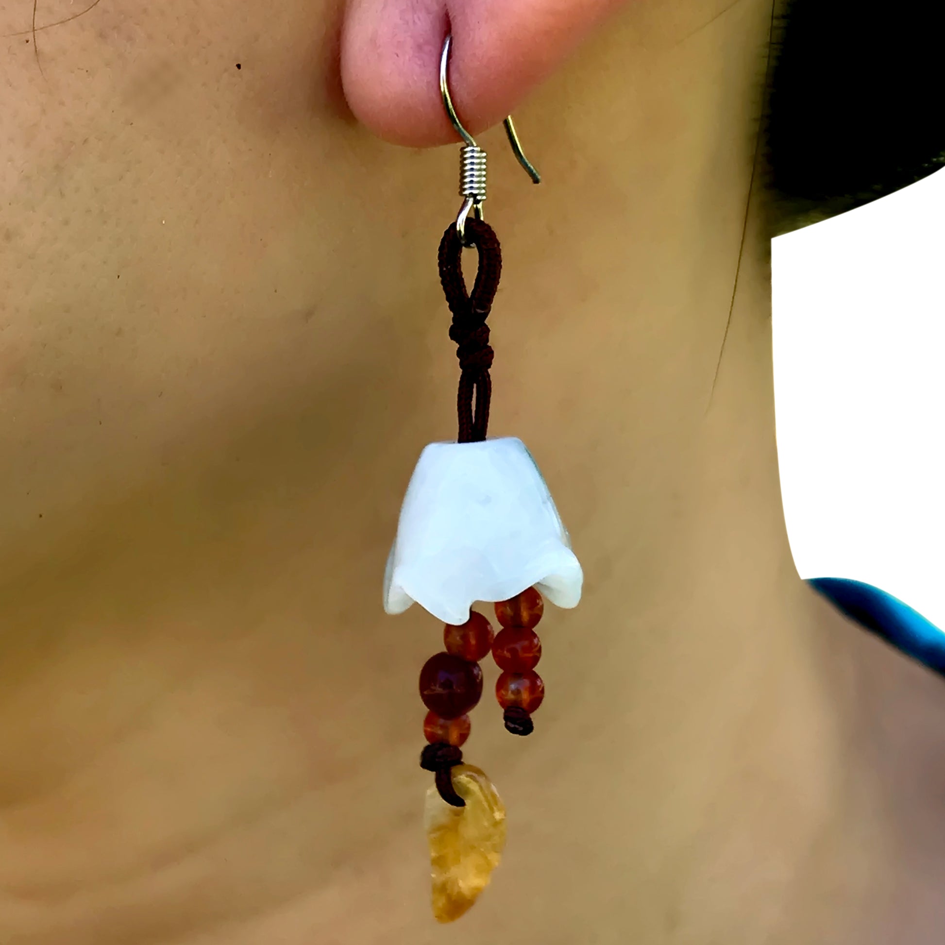 Refresh Your Look with Unique Jade Bellflower Earrings made with Brown Cord