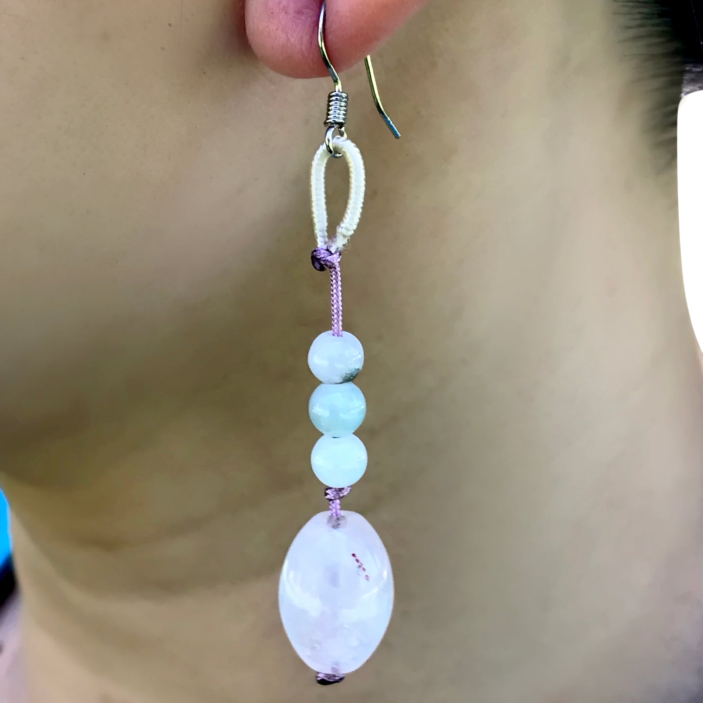 Stand Out with the Beautiful Elegant Oblong Rose Quartz Earrings made with Lavender Cord