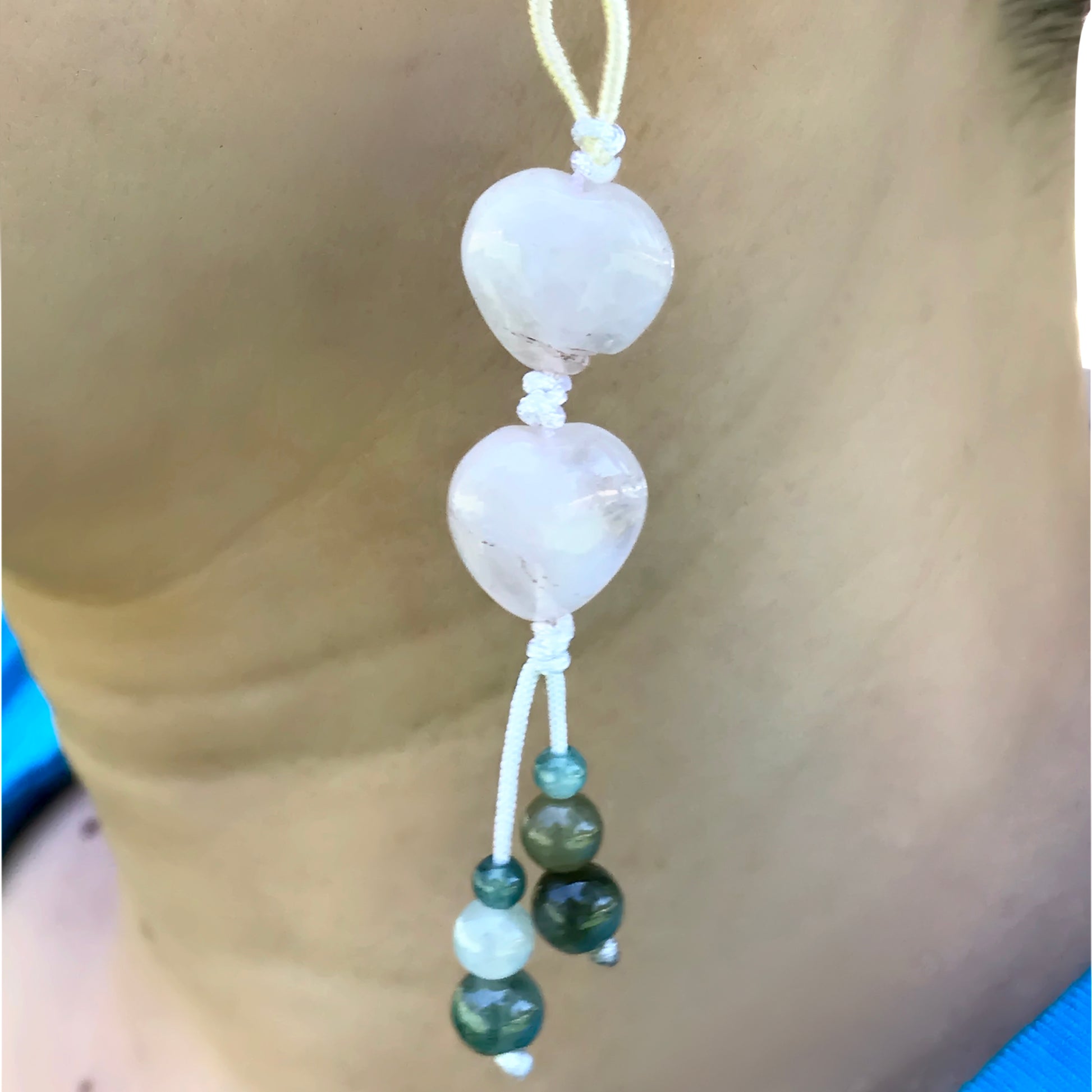 Show Your Love with Rose Quartz Double Heart Earrings made with White Cord