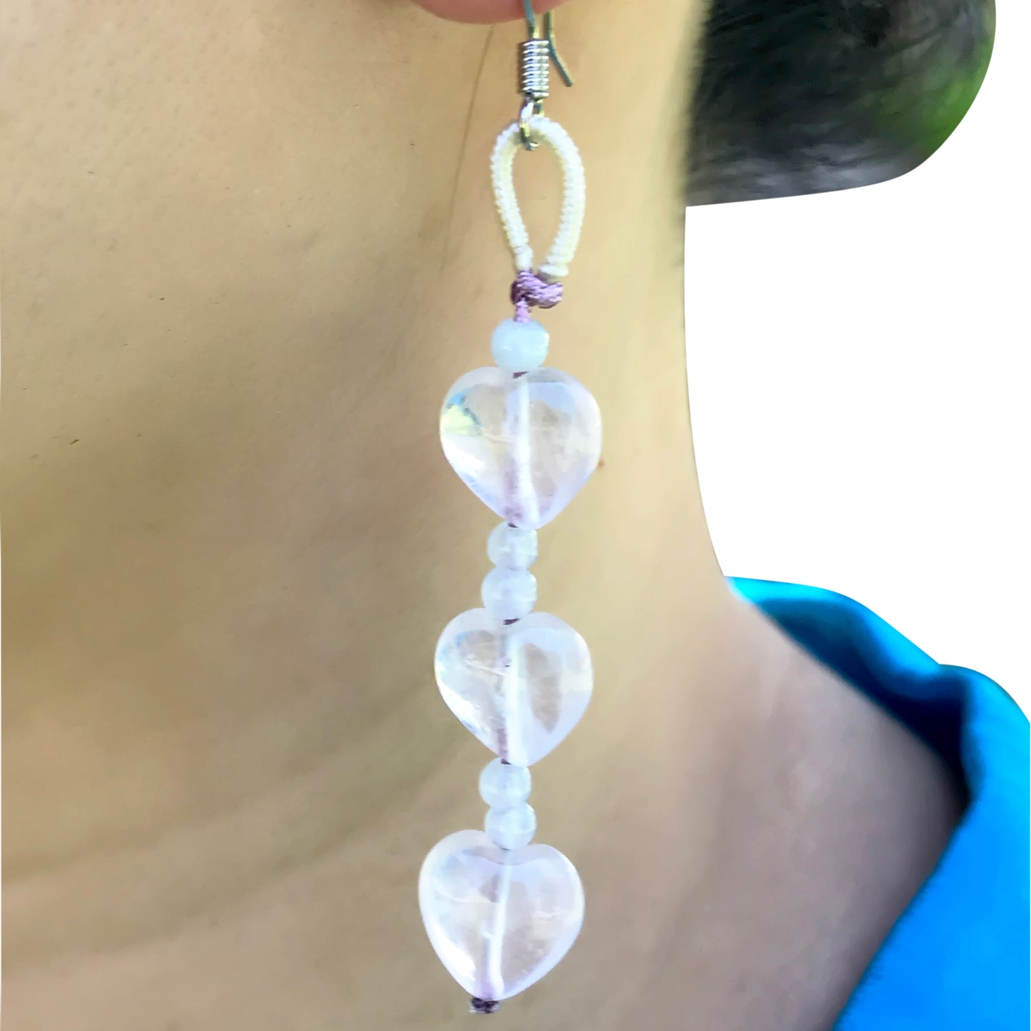 Accessorize with Style & Elegance with Triple Rose Quartz Heart Earrings made with Lavender Cord