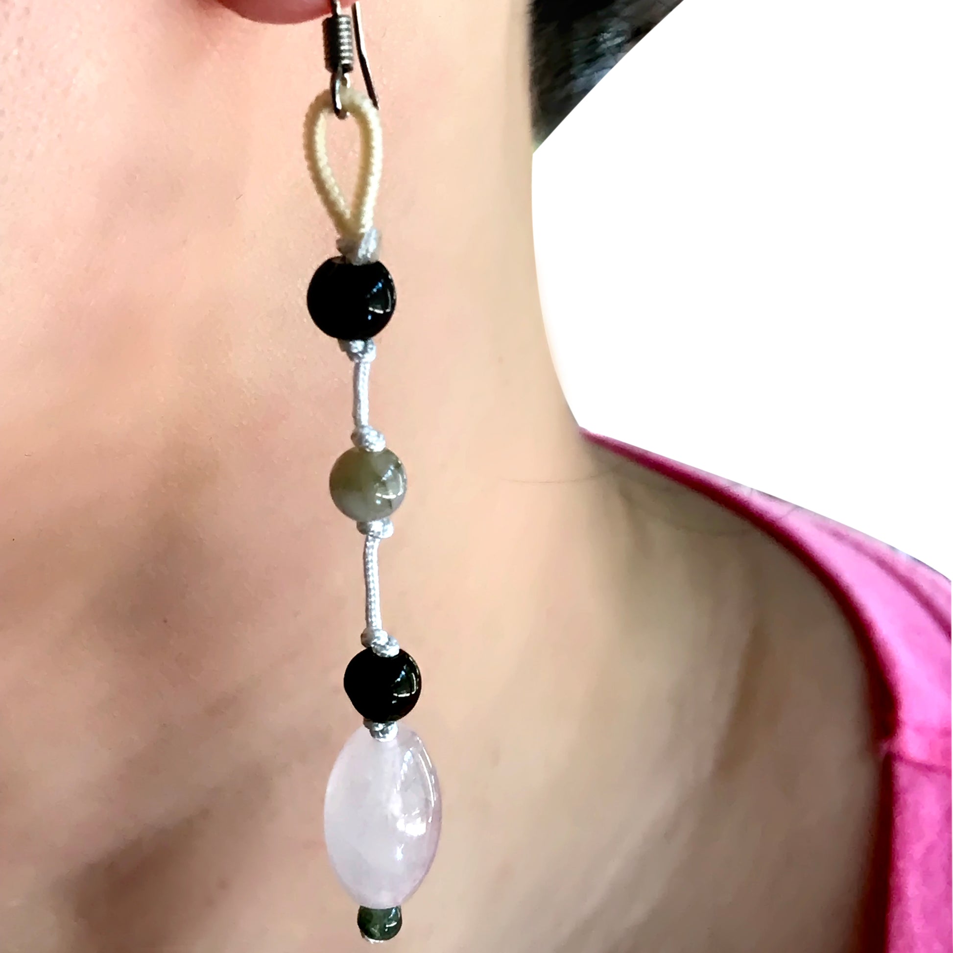 Add some Sparkle to Your Look with Cute Oblong Rose Quartz Earrings made with White Cord