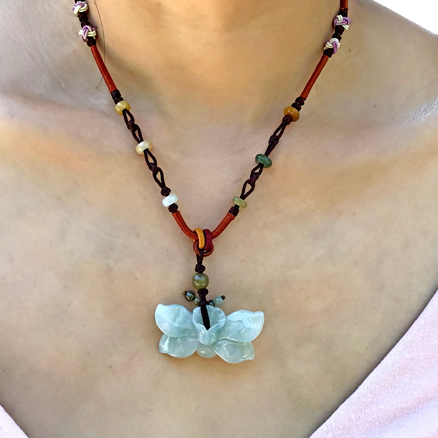 Elegantly Accessorized Wild Indigo Flower Handmade Jade Necklace made with Brown Cord