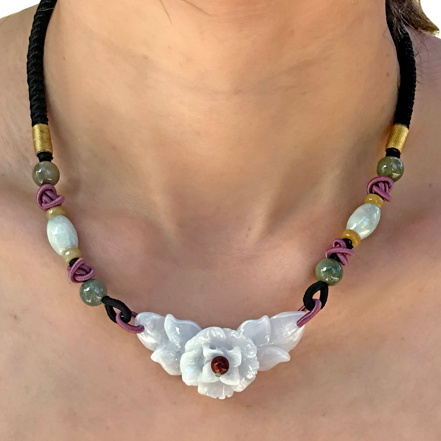 Discover Your True Beauty with a Fortune Flower Handmade Jade Necklace made with Brown Cord