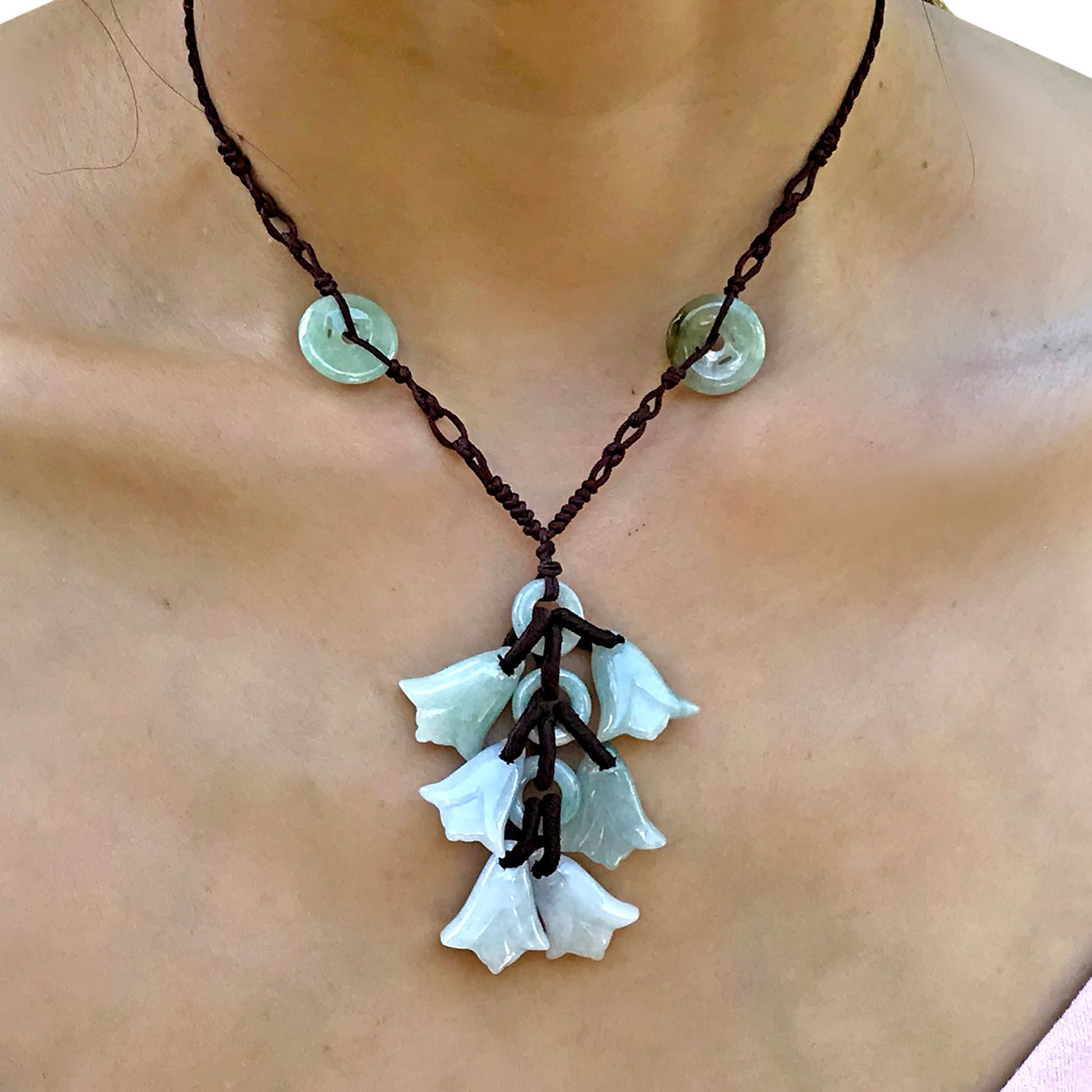 Beautiful and Dainty Bellflower Dangles Handmade Jade Necklace Pendant with Brown Cord