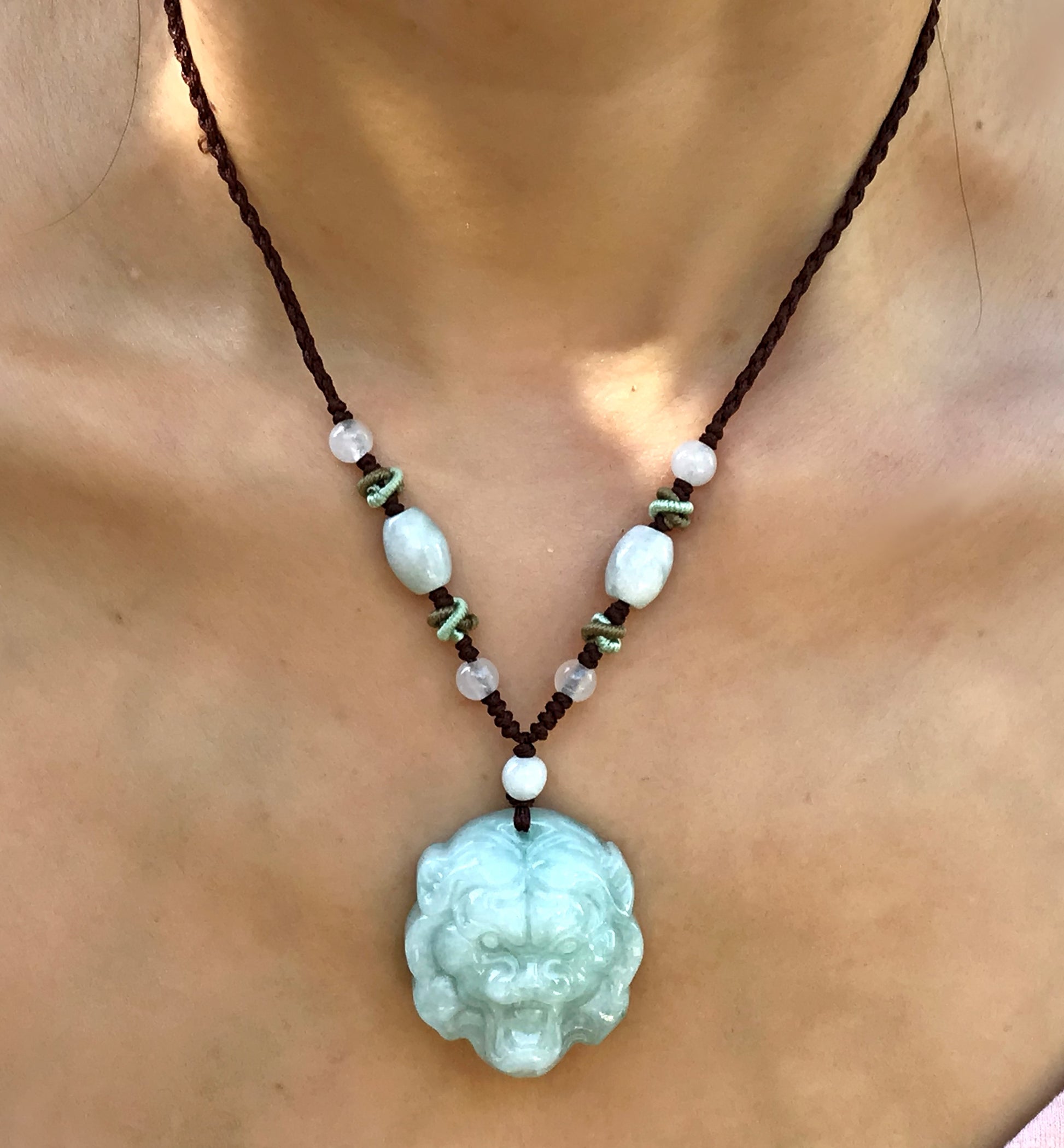 Make a Bold Statement with a Tiger Face Jade Necklace made with Brown Cord