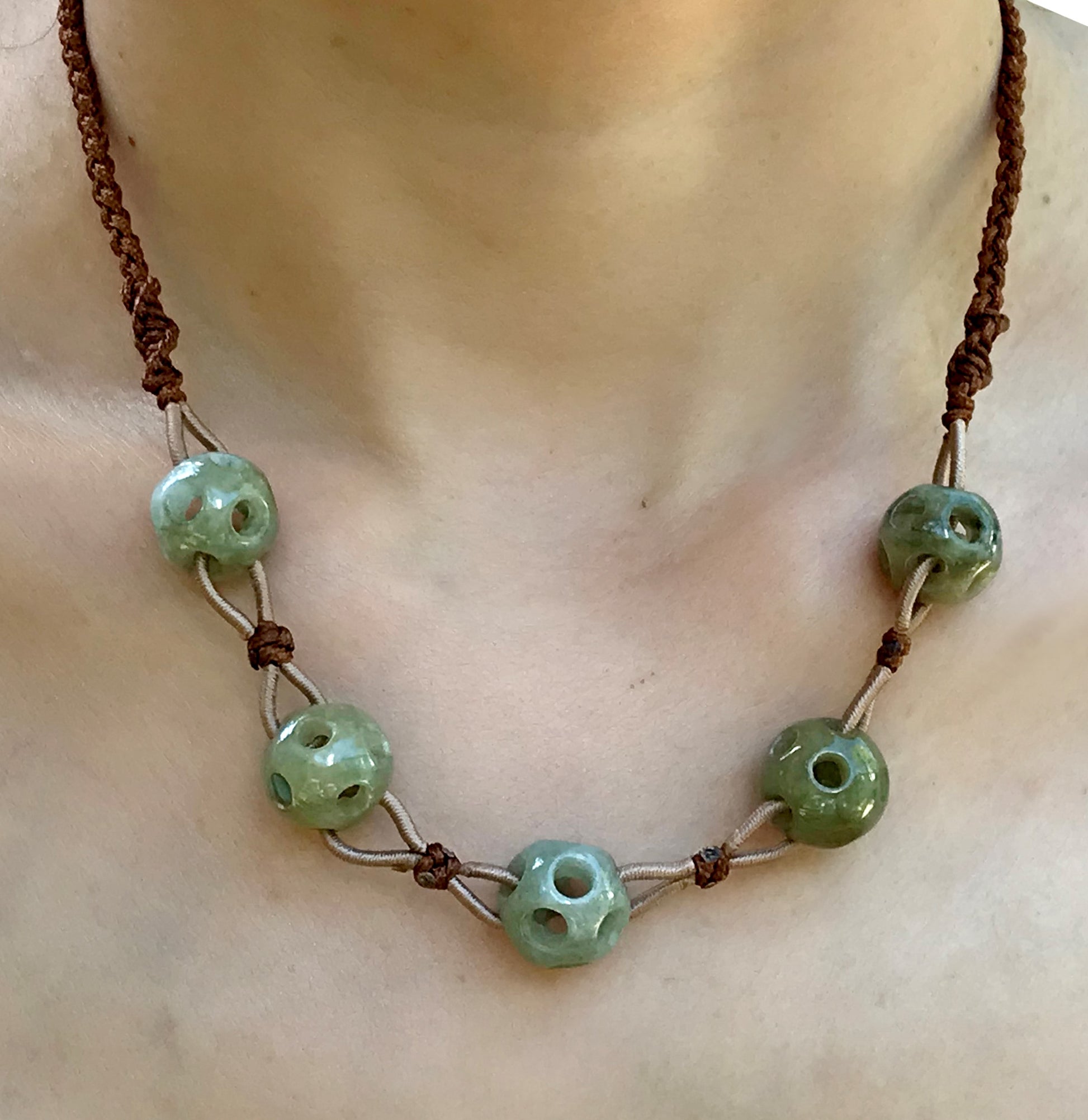 Be Uniquely Stylish with Perforated Spheres Shape Handmade Jade Necklace Pendant made with Brown Cord