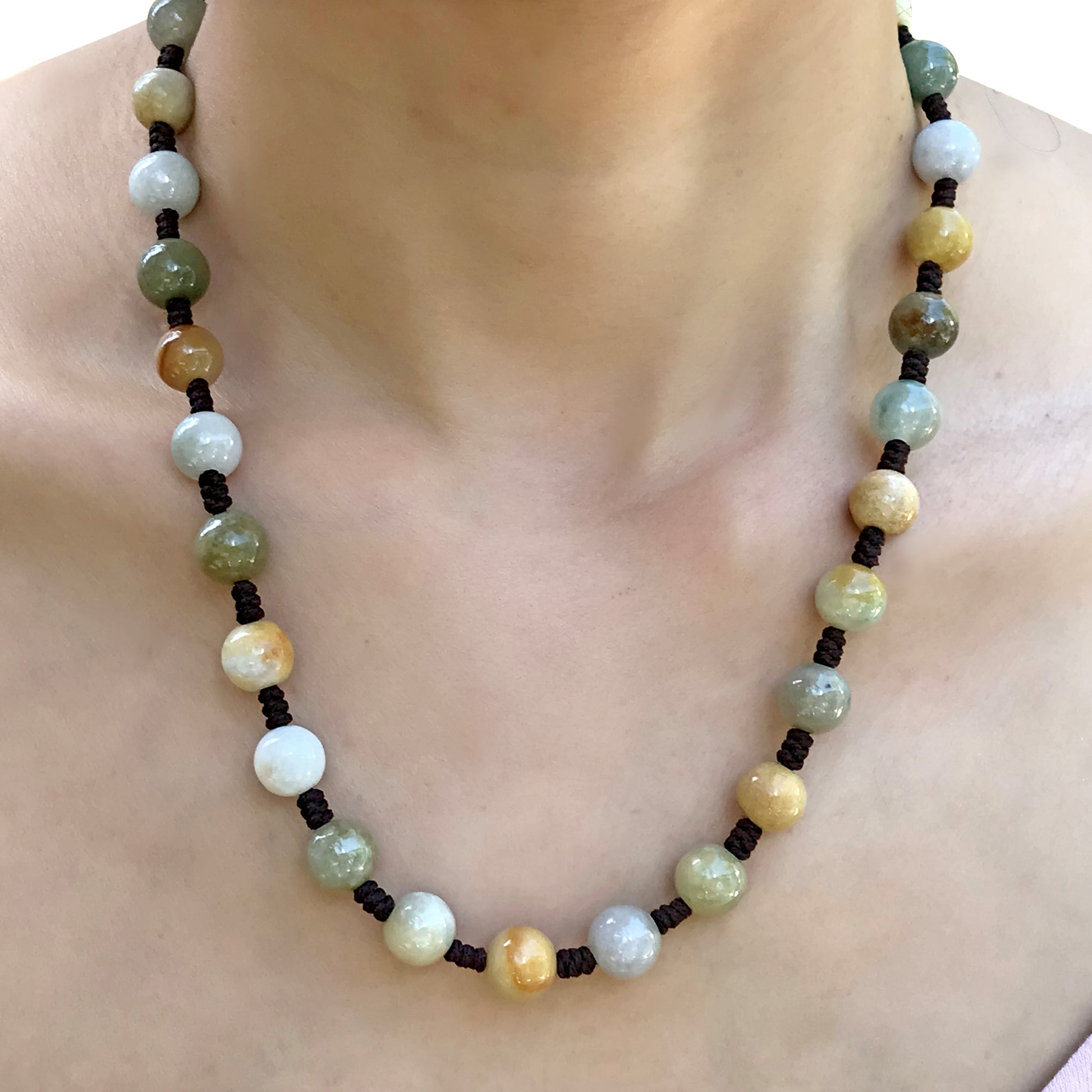 Beautiful Buddha Prayer Beads Handmade Jade Necklace Pendant with Brown Cord