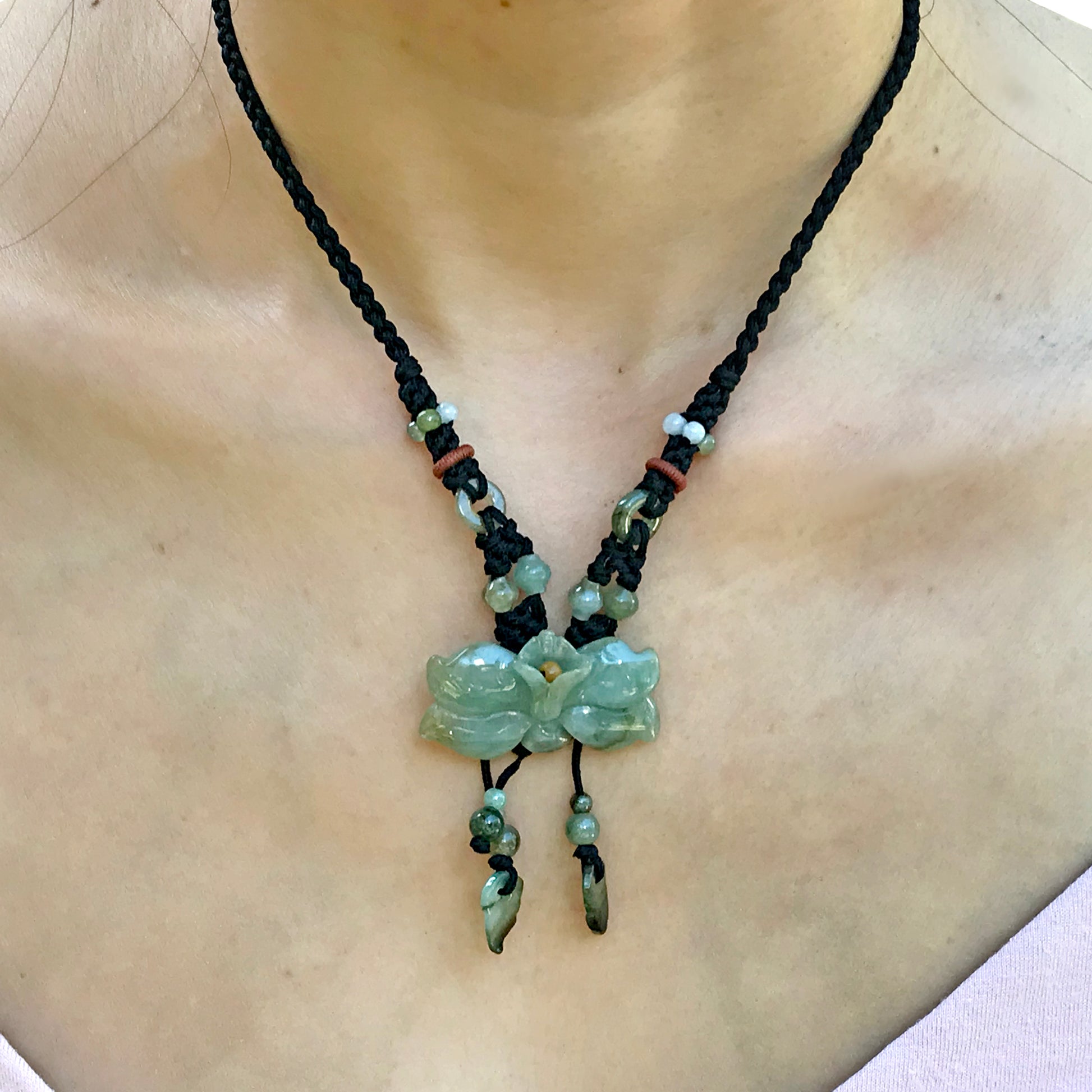 Beautifully Accessorized Wild Indigo Flower Handmade Jade Necklace with Black Cord