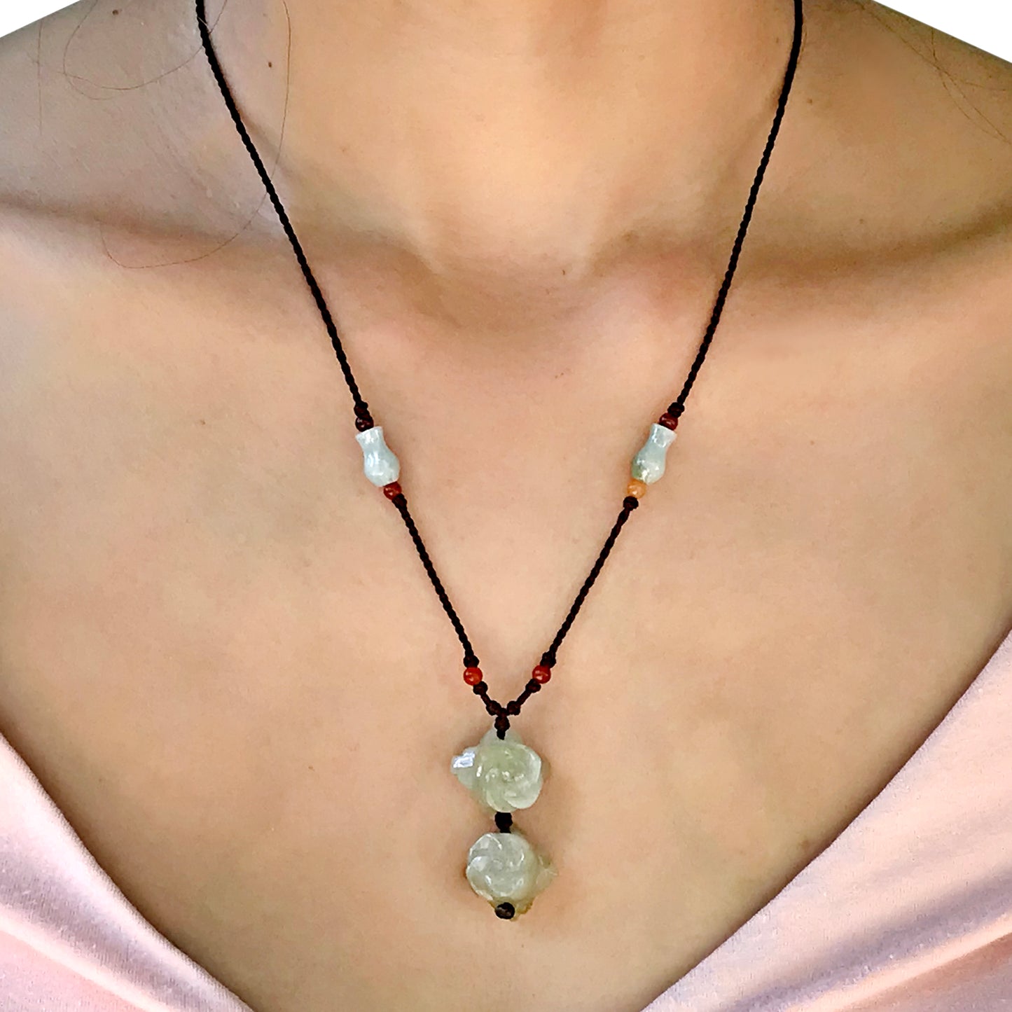 Feel the Love with Double Stacked Rose Blossom Flower Jade Necklace
