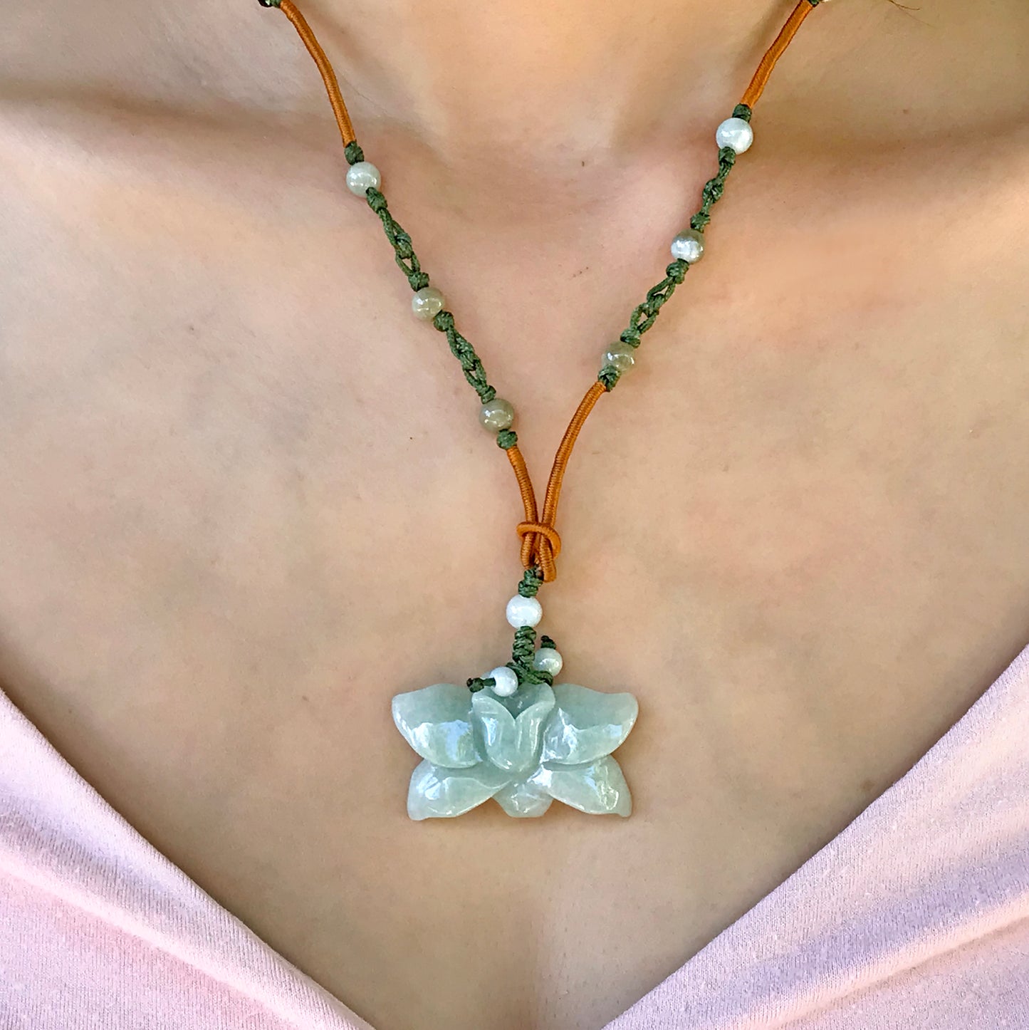 Elegantly Accessorized Wild Indigo Flower Handmade Jade Necklace made with Lime Cord