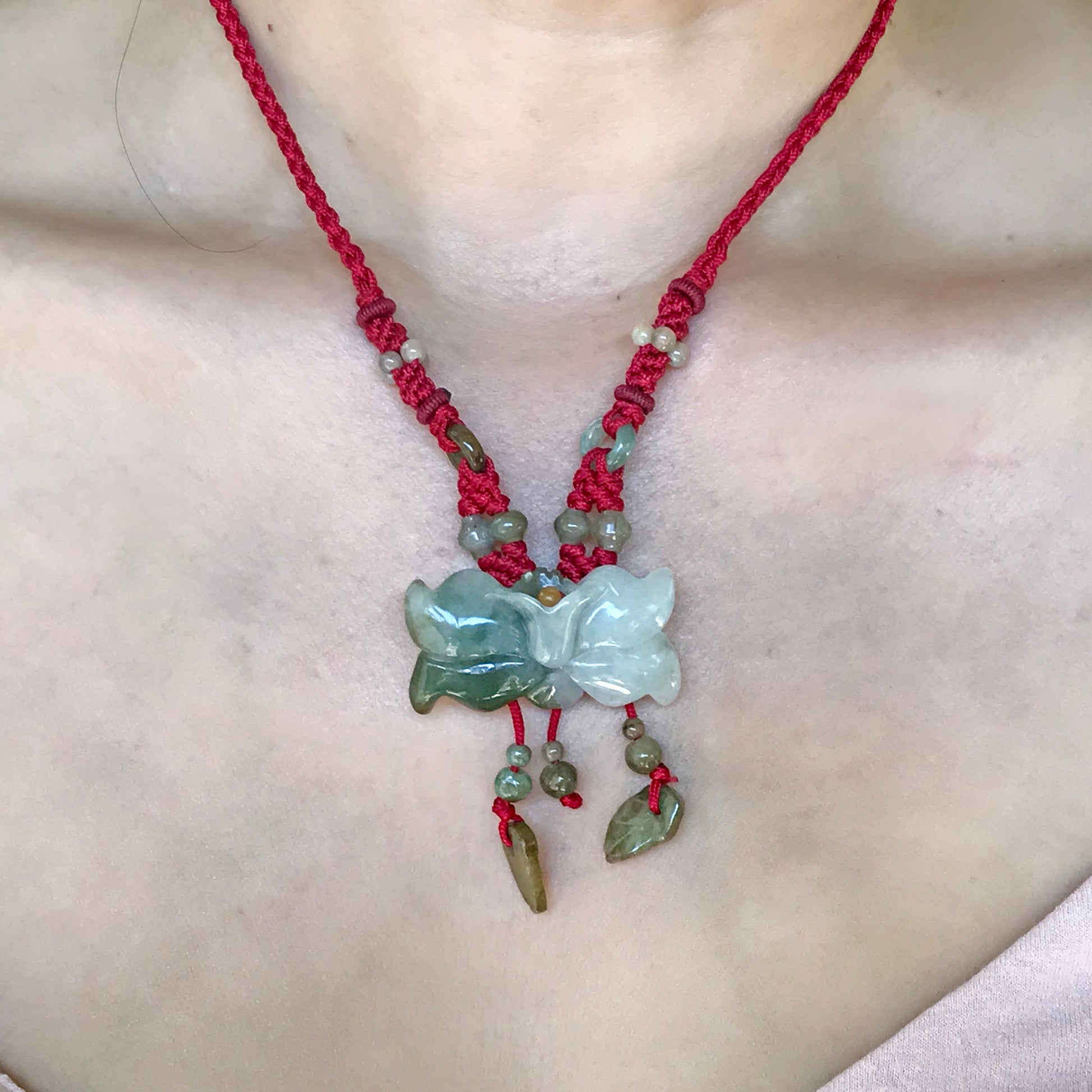 Beautifully Accessorized Wild Indigo Flower Handmade Jade Necklace with Red Cord