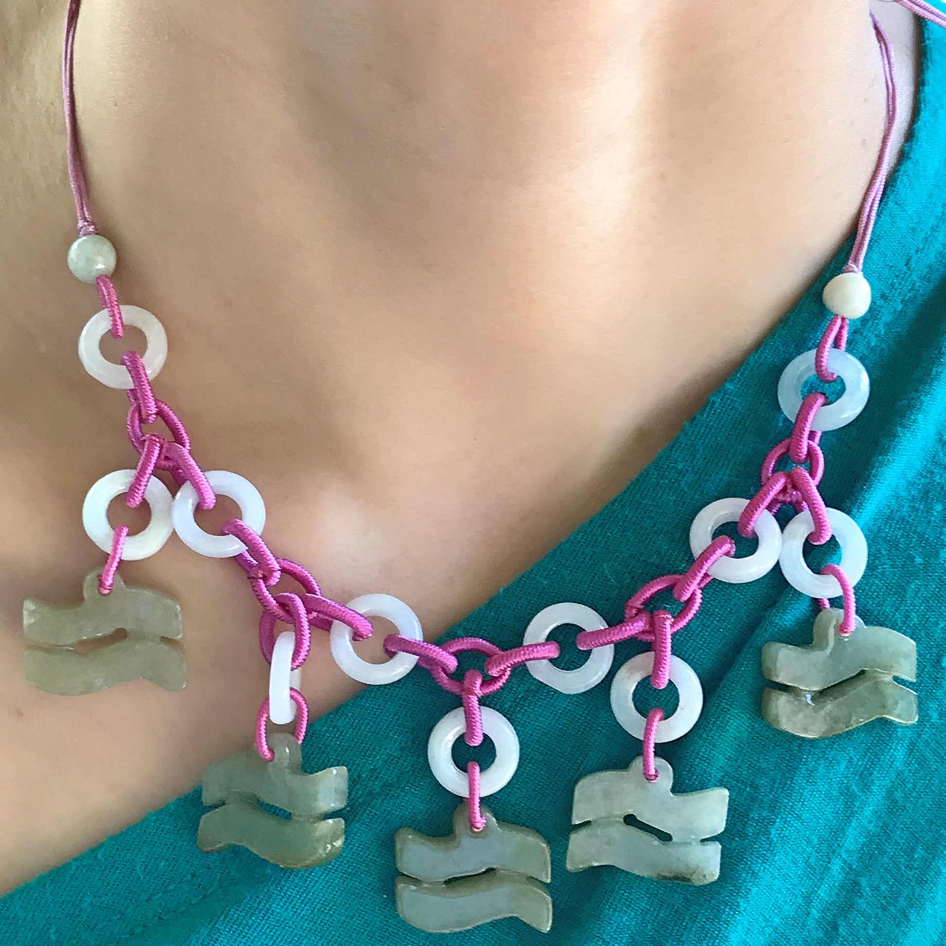 Aquarius Astrology Handmade Jade Necklace Pendant with Purple Cord