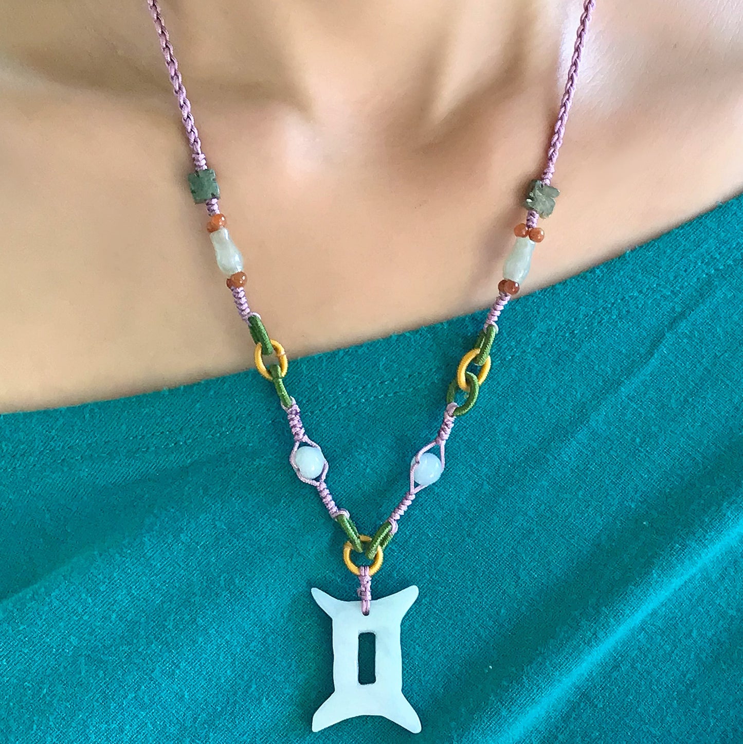 Represent the Gemini Sign with a Handmade Jade Pendant made with Lavender Cord