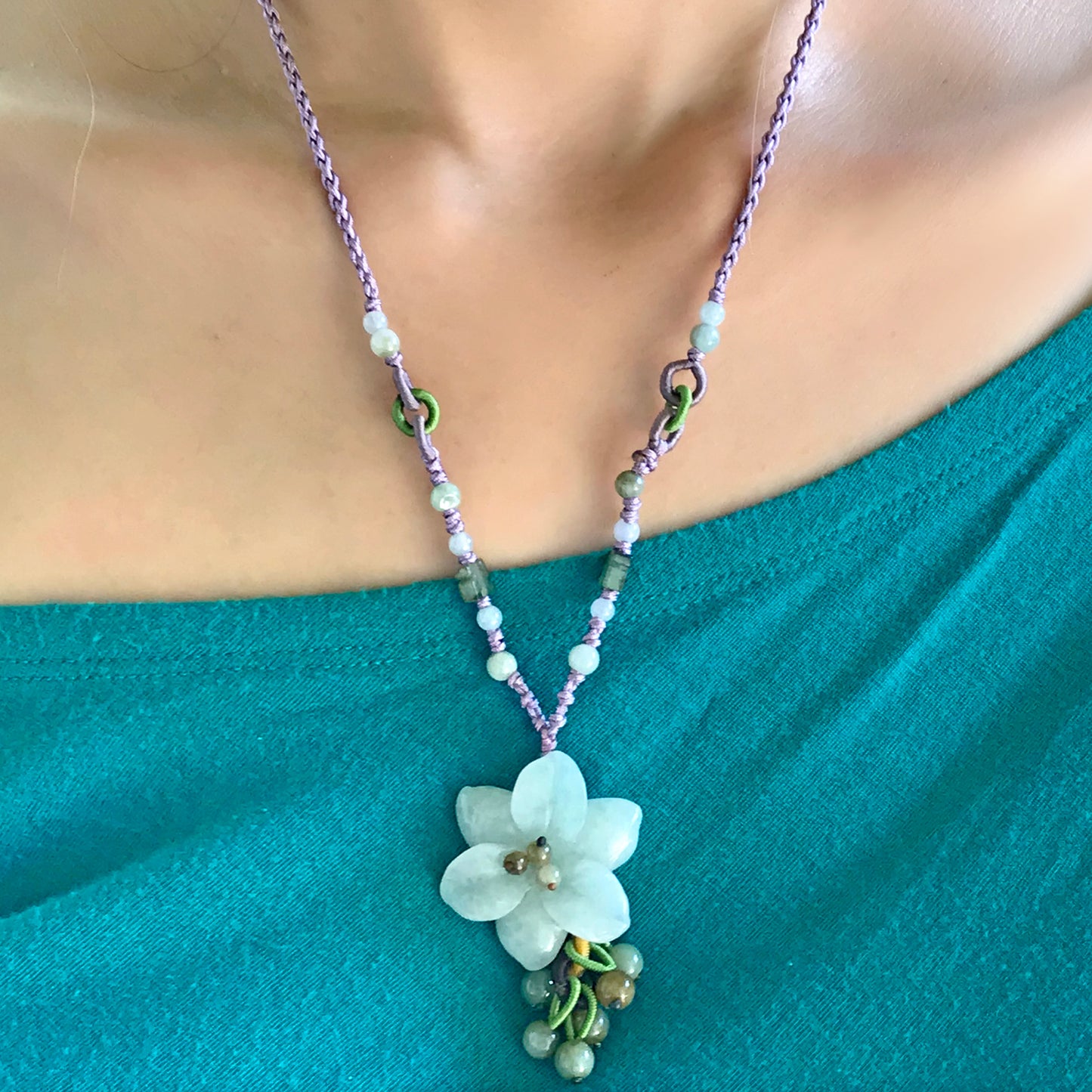 Experience Gracefulness with Pear Blossom Flower Honey Jade Necklace made with Lavender Cord