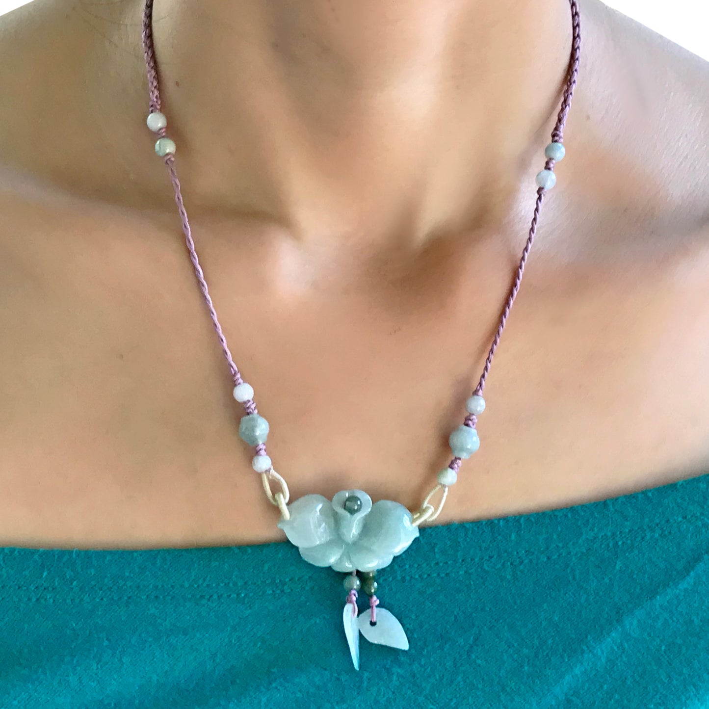 Handcrafted Elegance - Mini Orchid Jade Necklace made with Lavender Cord