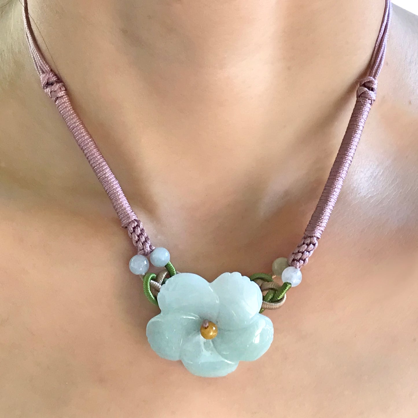 Get the Look You Crave with the Clematis Blossom Jade Necklace with Pink Cord