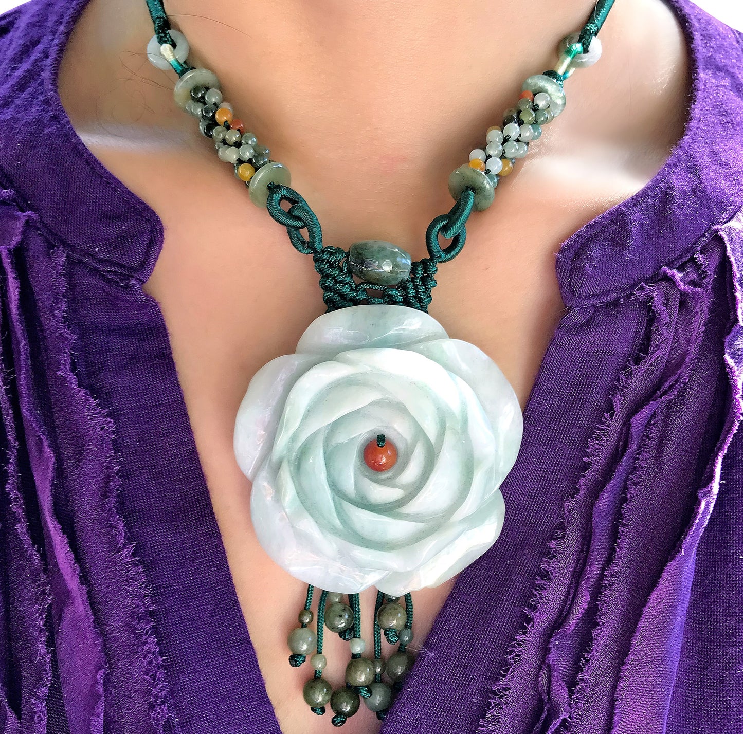 Capture Everyone’s Attention with a Beautiful Rose and 100 beads Jade Necklace