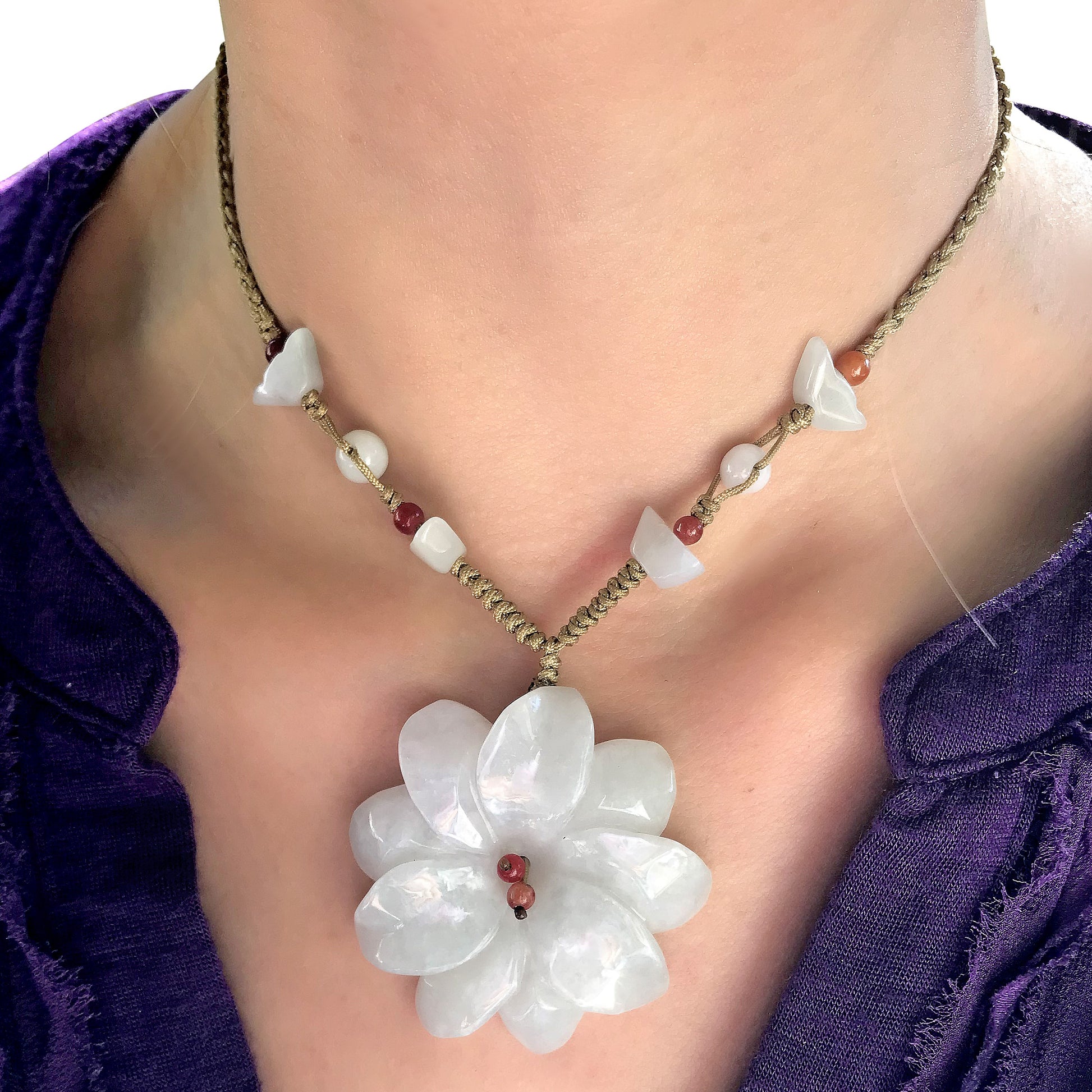 Be Kind and Stylish with Dahlia Flower Handmade Jade Necklace made with Beige Cord