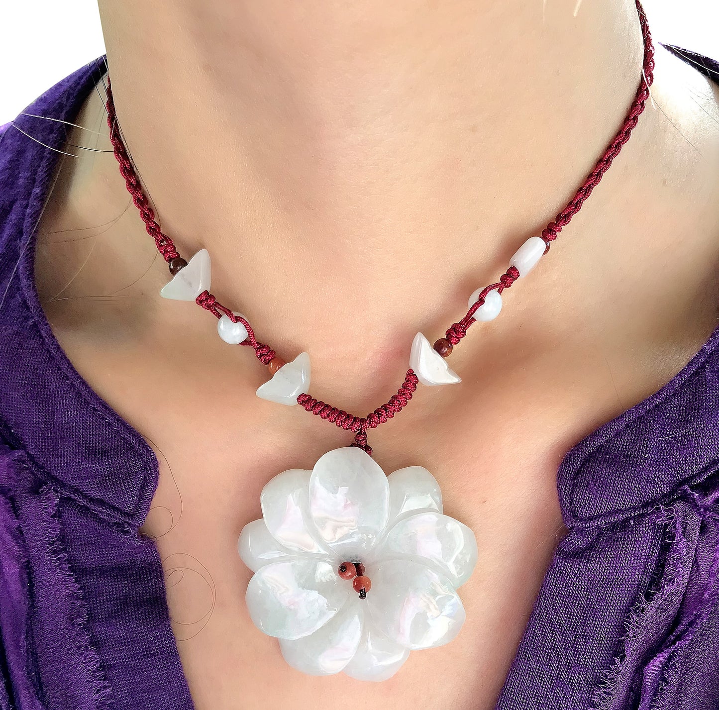 Be Kind and Stylish with Dahlia Flower Handmade Jade Necklace made with Maroon Cord
