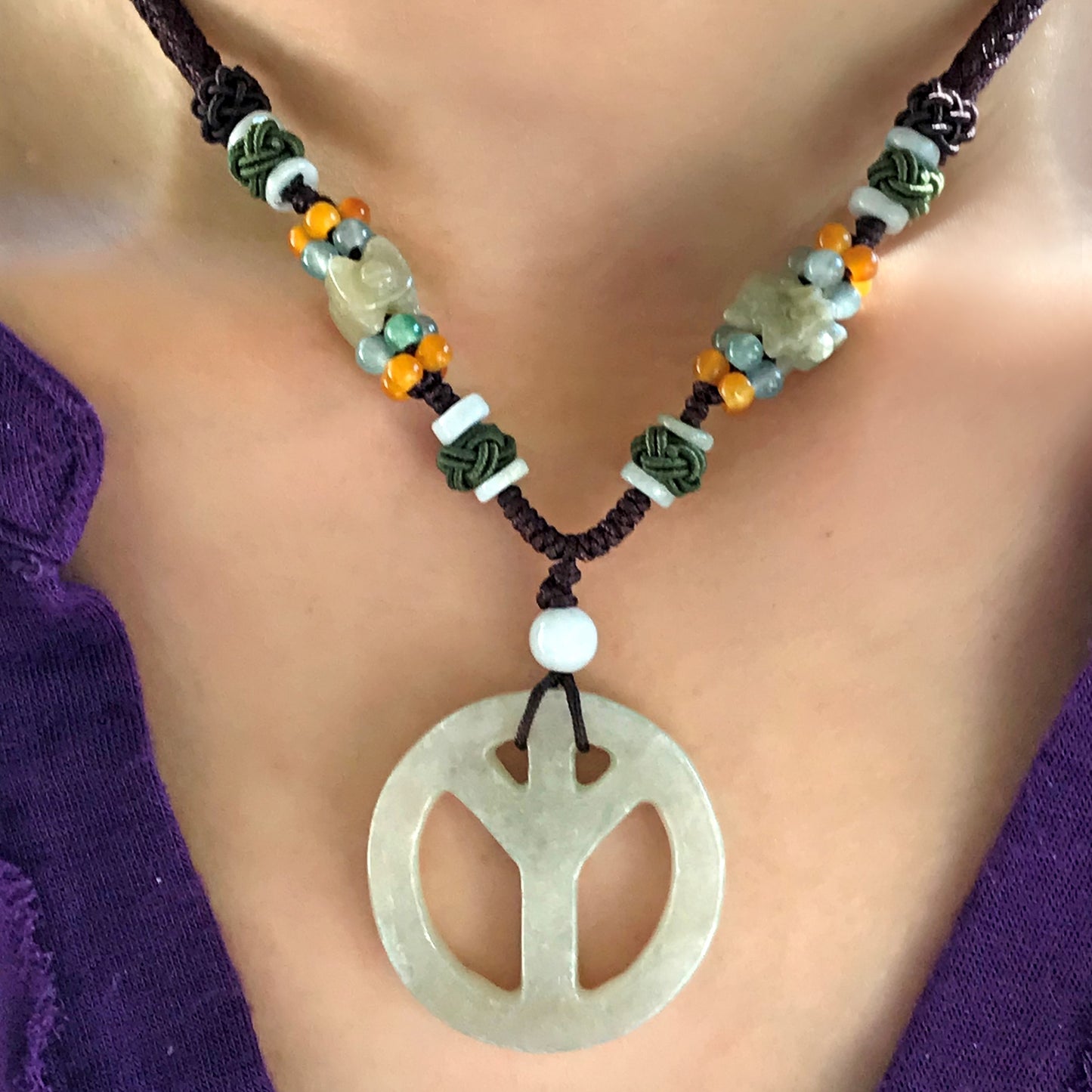 Calm and Zen with Peace Sign Handmade Jade Necklace Pendant