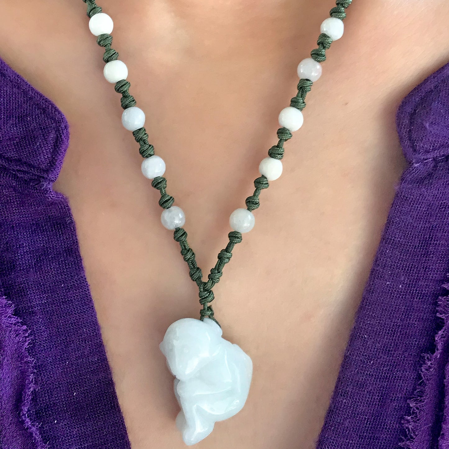 Look Great with a Monkey Chinese Zodiac Jade Pendant Necklace made with Olive Cord