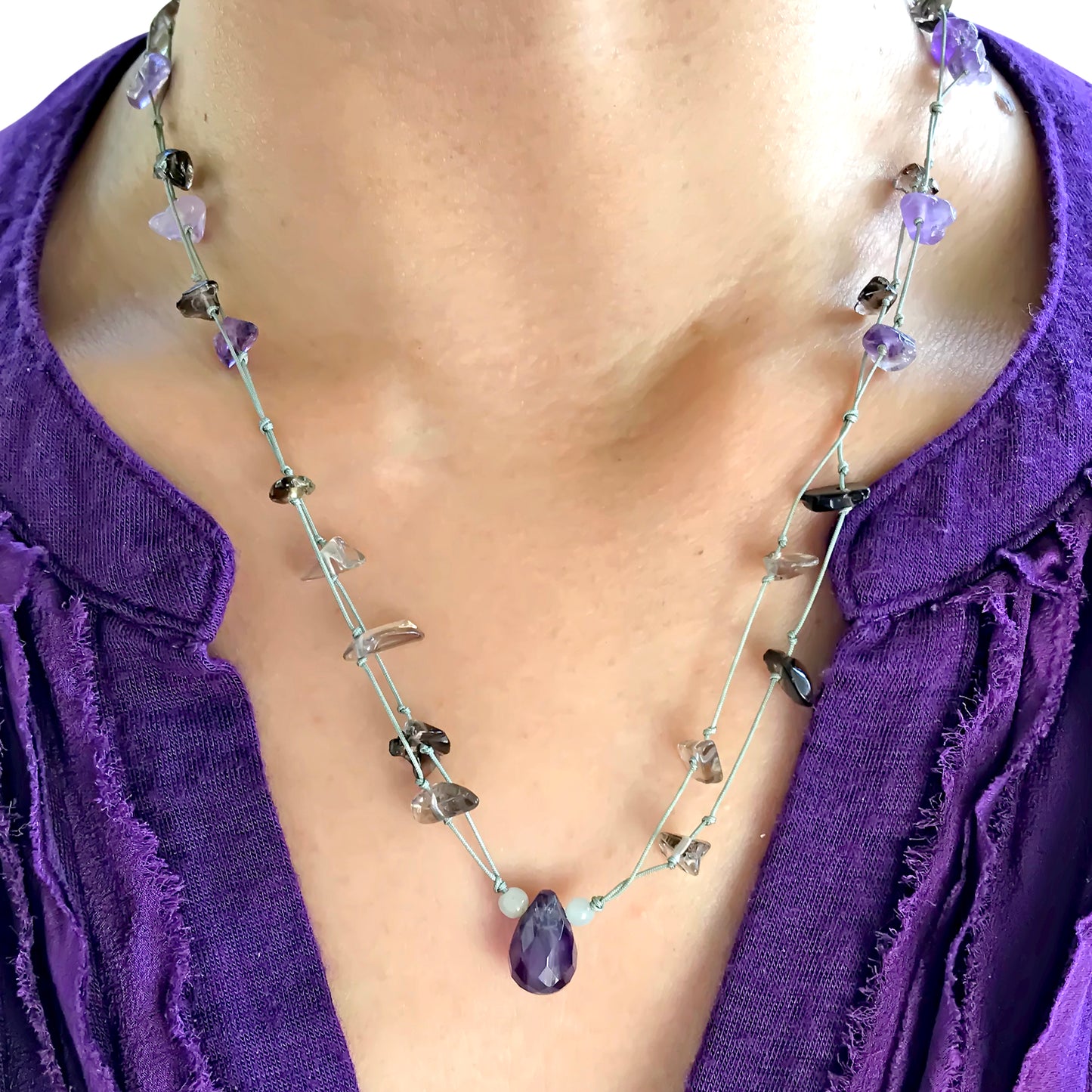 Subtle and Mystical Teardrop-Shaped Amethyst Gemstone Necklace Pendant