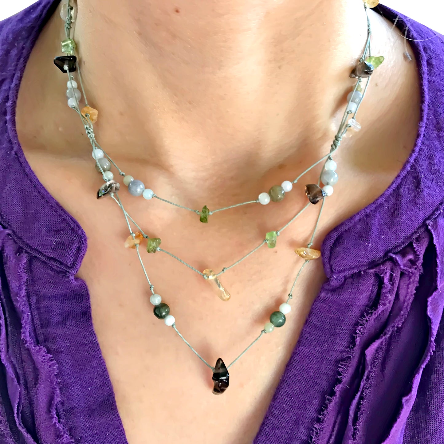 Get Noticed with Triple Layers Gemstone Handmade Necklace