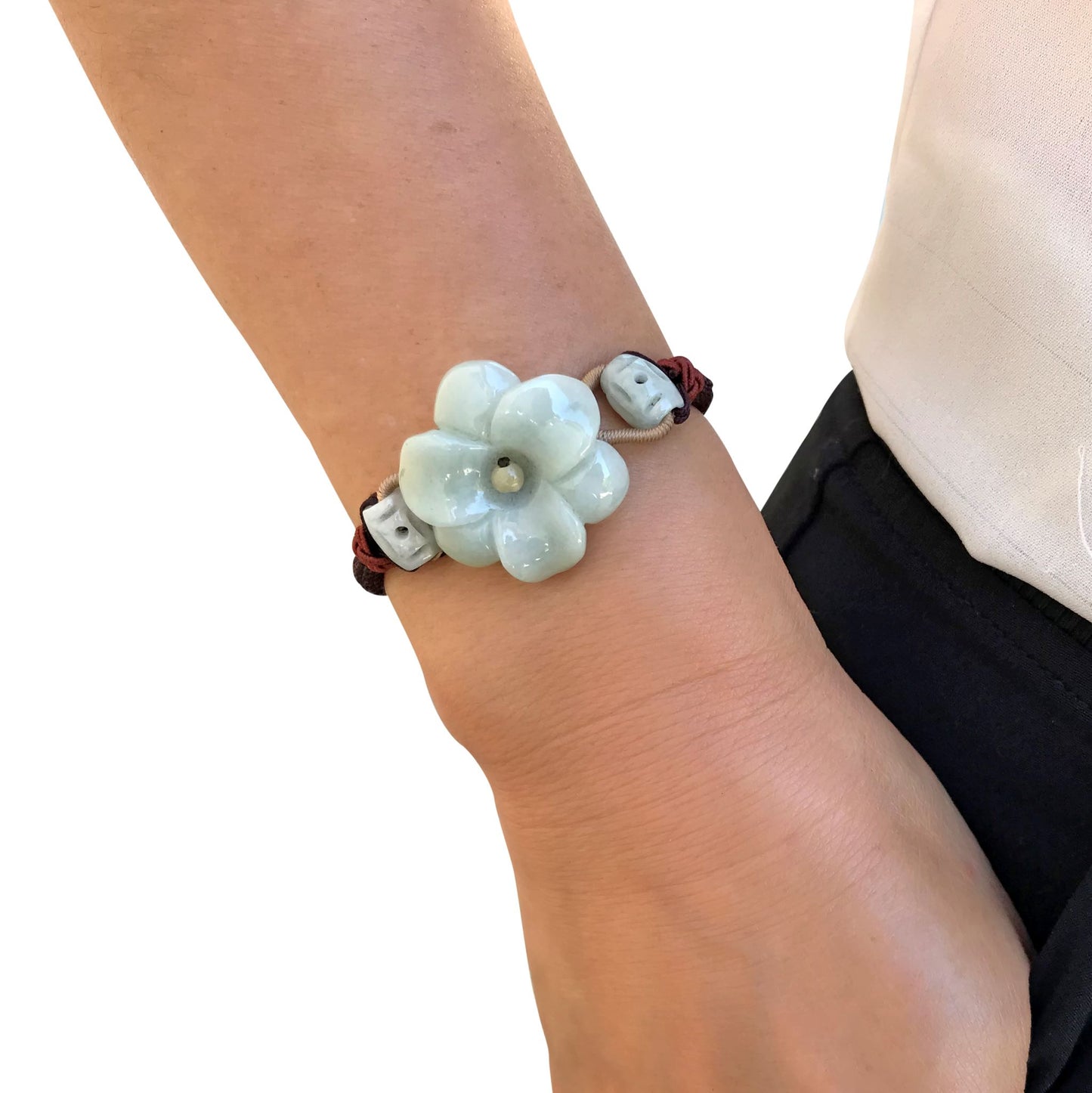 Show Off Your Unique Style with the Amaryllis Jade Bracelet made with Brown Cord