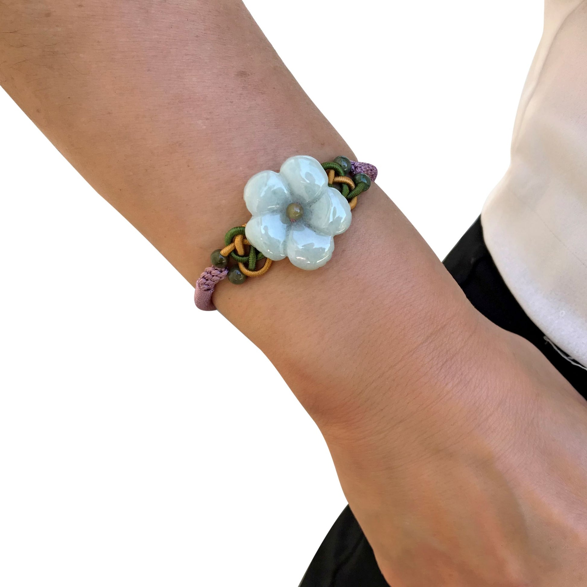 A Timeless Accessory for Any Occasion: Clematis Flower Jade Bracelet made with Pink Cord