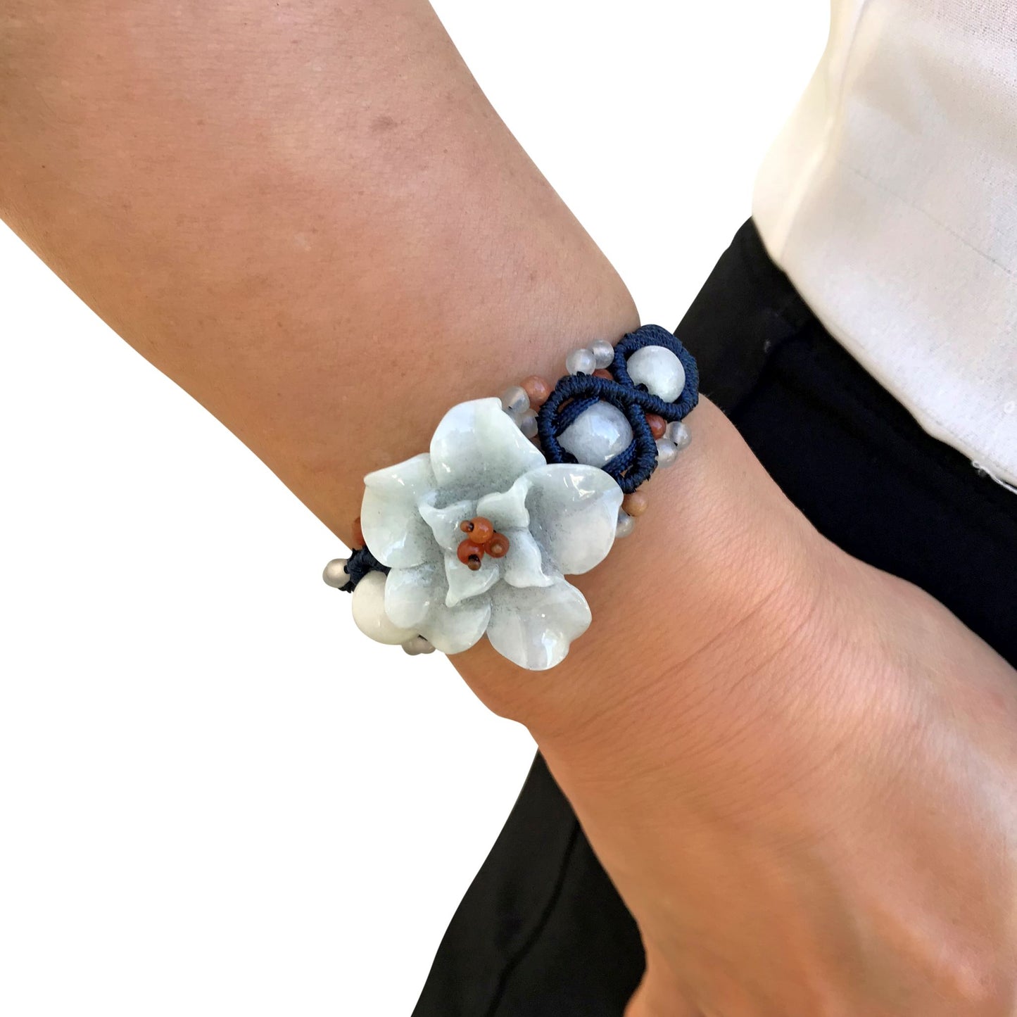 Hoya Flower Handmade Jade Bracelet with Blue Cord