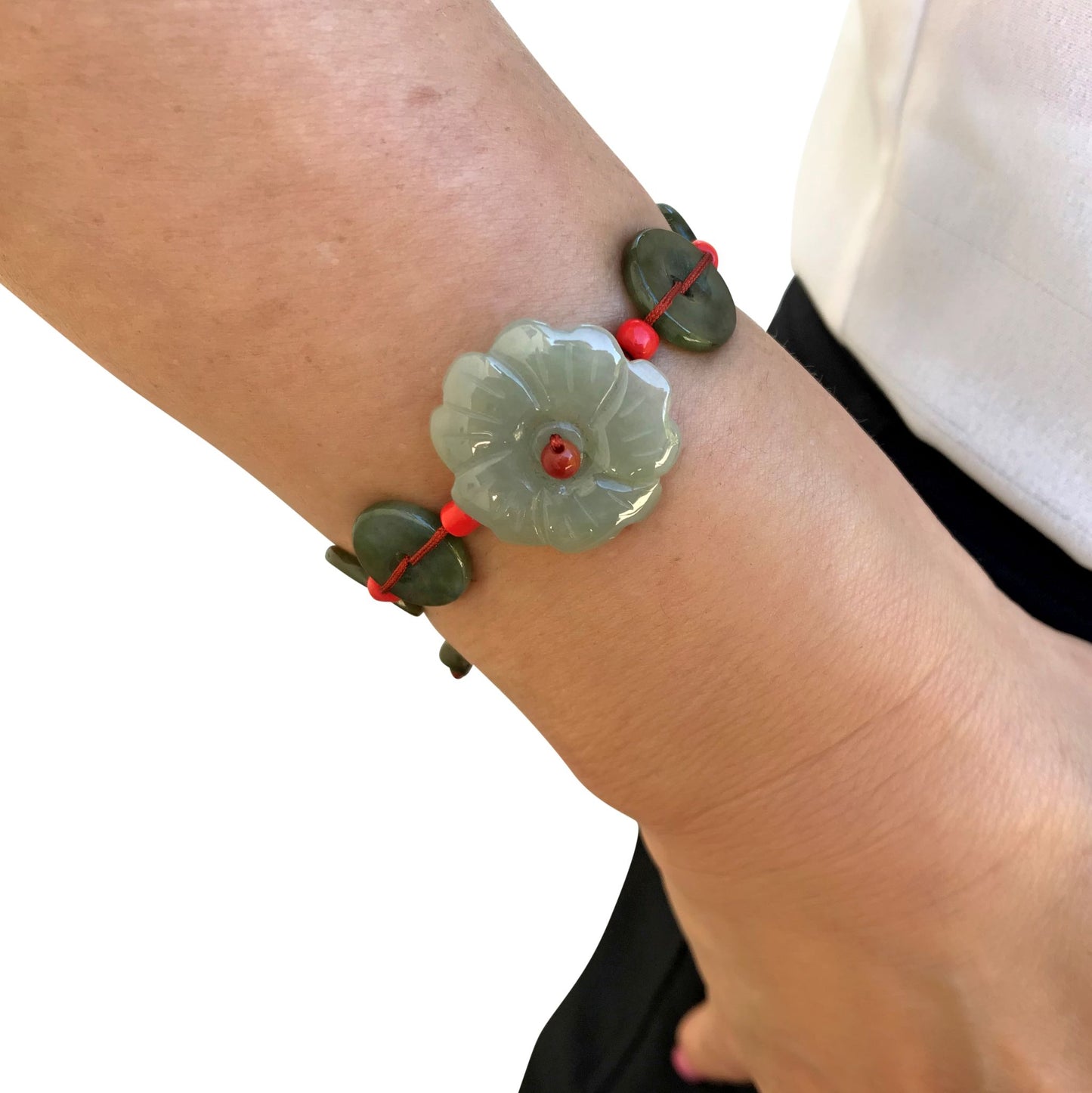 Create a Calm Atmosphere with this Cherry Blossom Jade Bracelet made with Brown Cord