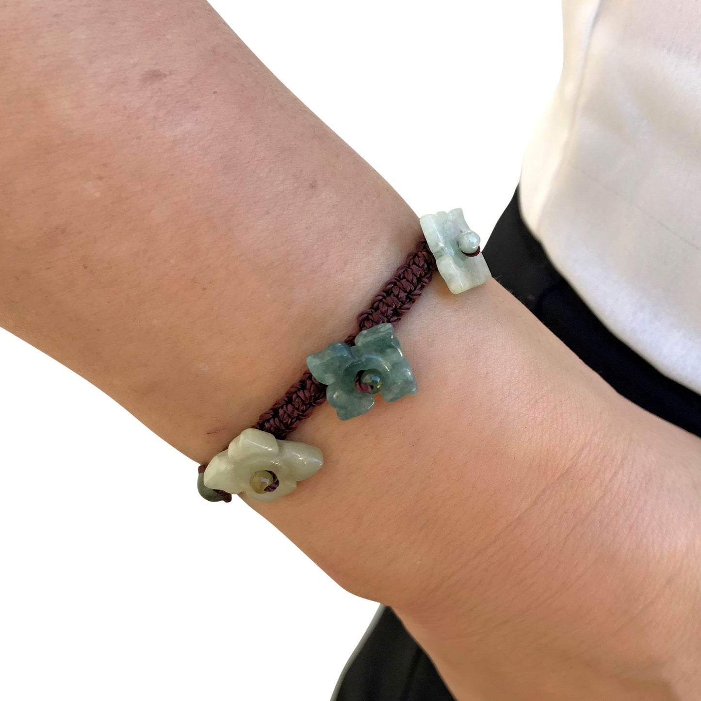 Get the Perfect Accessory with Triple Bouvardia Flower Jade Bracelet made with Brown Cord