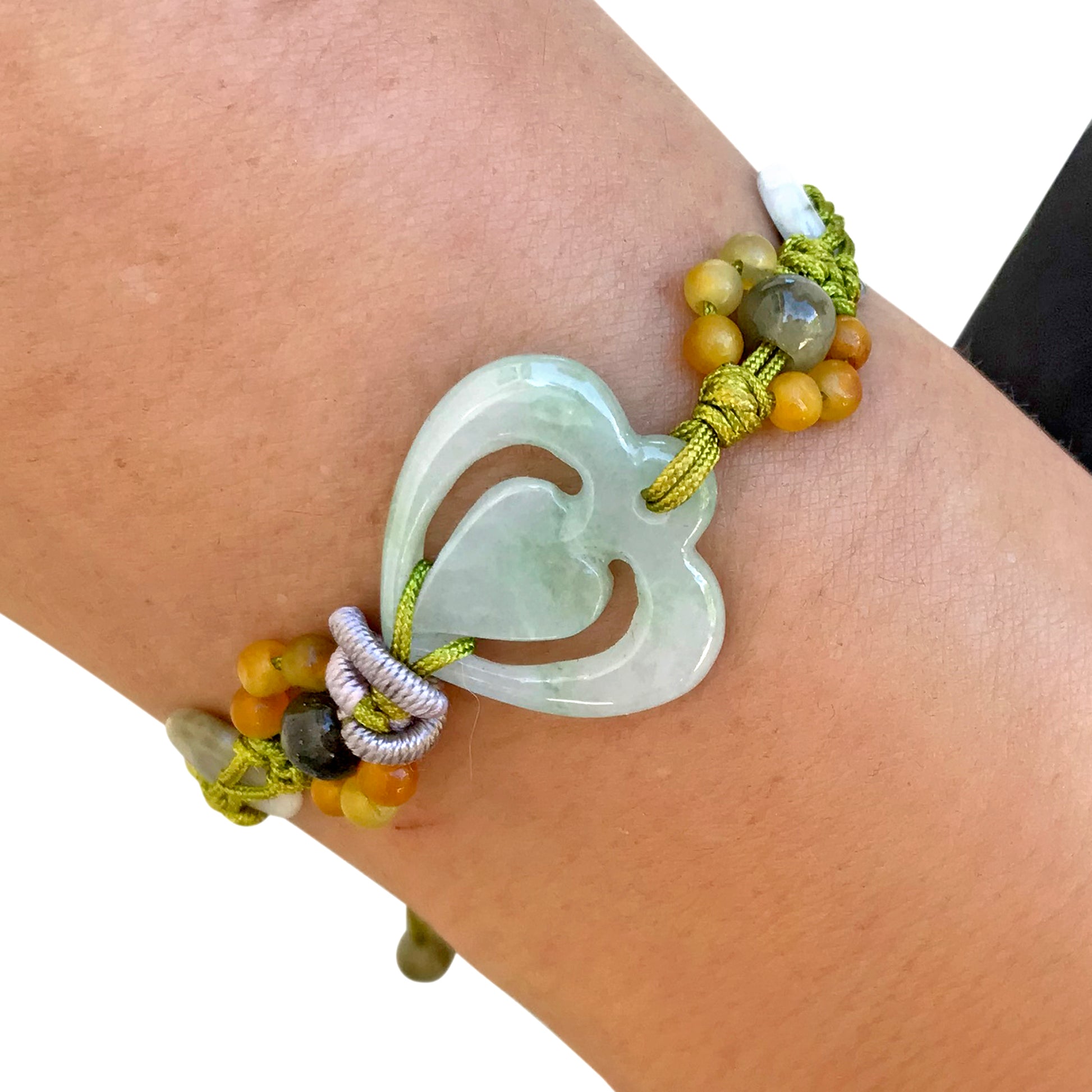 Get Ready for Love with the Heart Honey Jade Bracelet made with Lime Cord