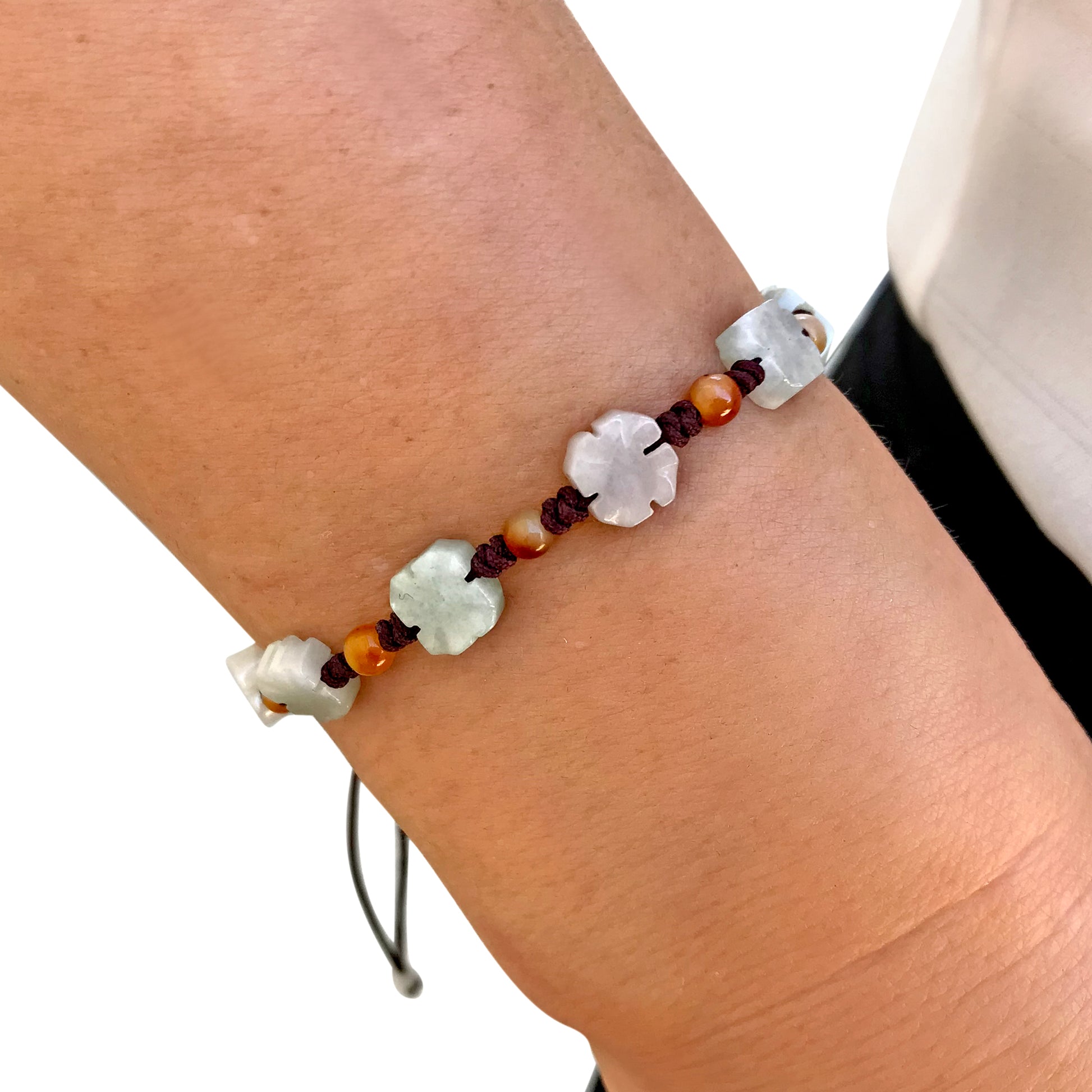 Feel the Fortune of the Four Leaf Clover Jade Bracelet made with Brown Cord