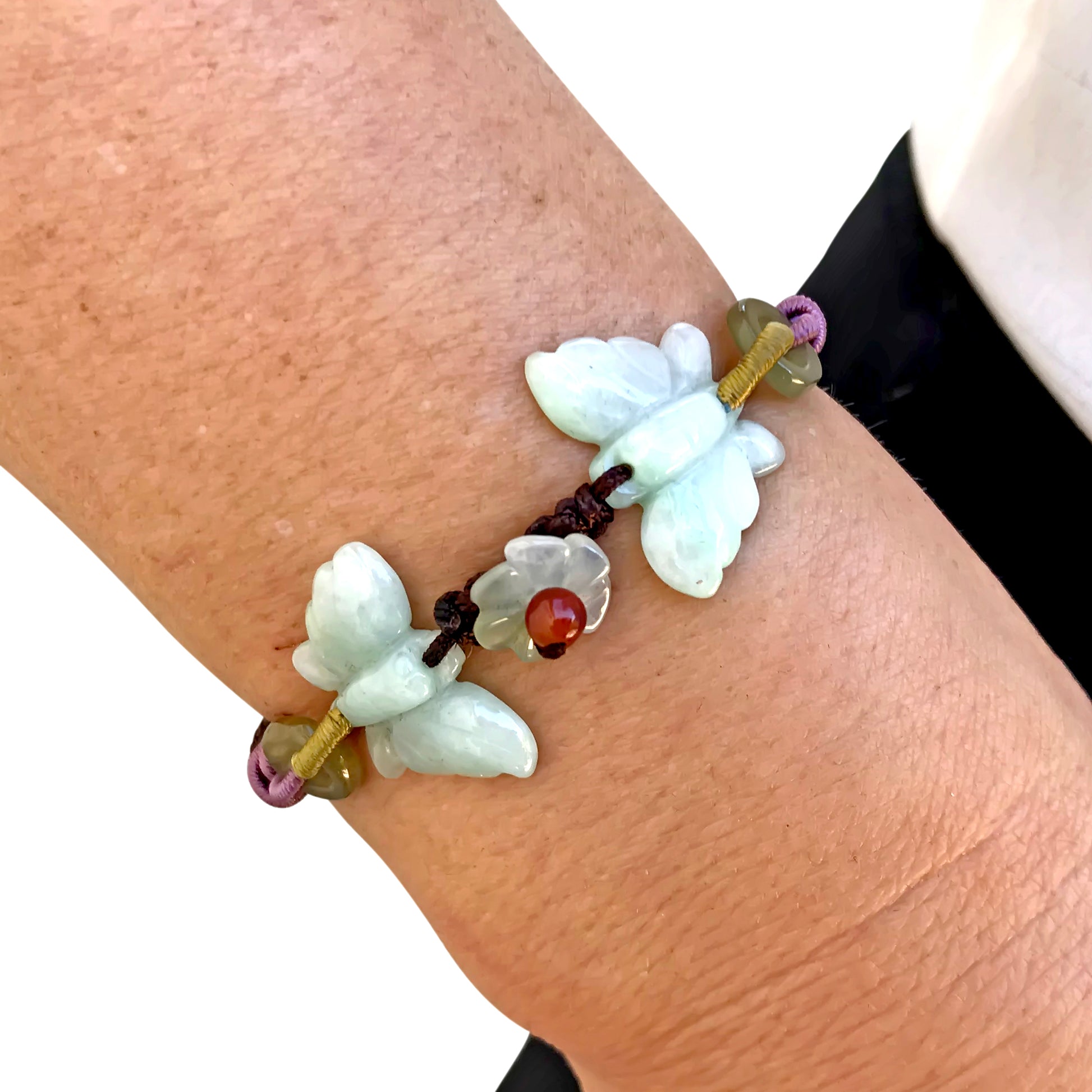 Two Joyful Butterflies Handmade Hand Braided Natural Jade Bracelet madewith Lavender Cord