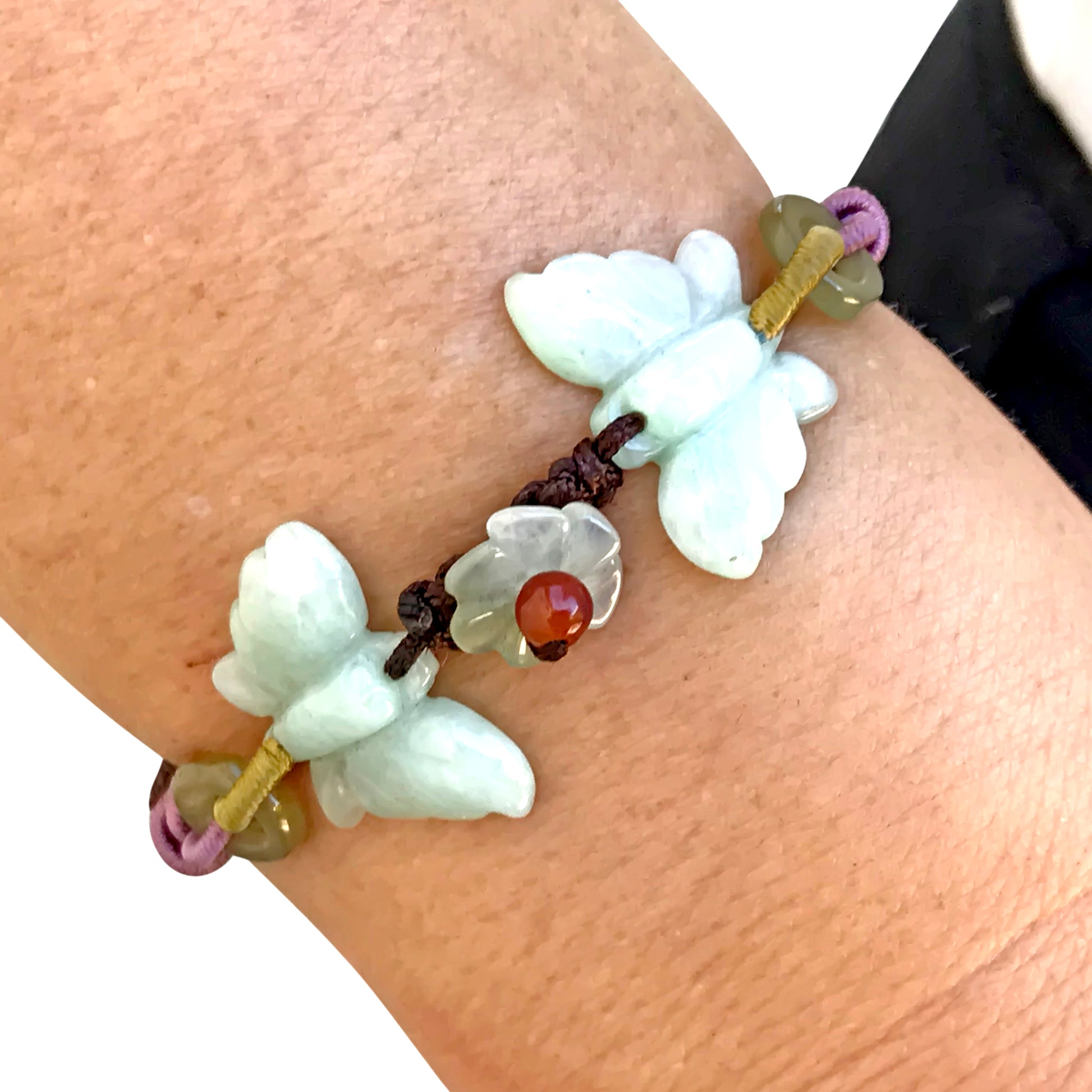 Fly Away with Style with Two Joyful Butterflies Jade Bracelet made with Brown Cord