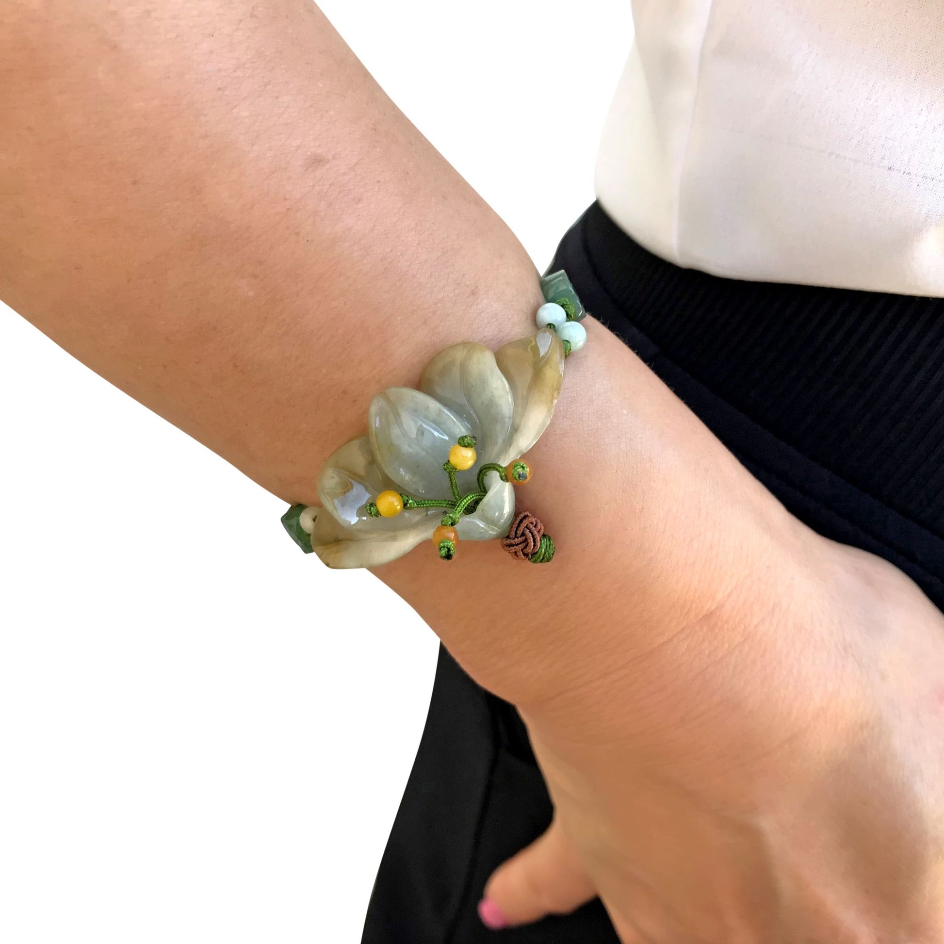 Showcase Your Unique Style with the Peacock Flower Jade Bracelet with Lime Cord