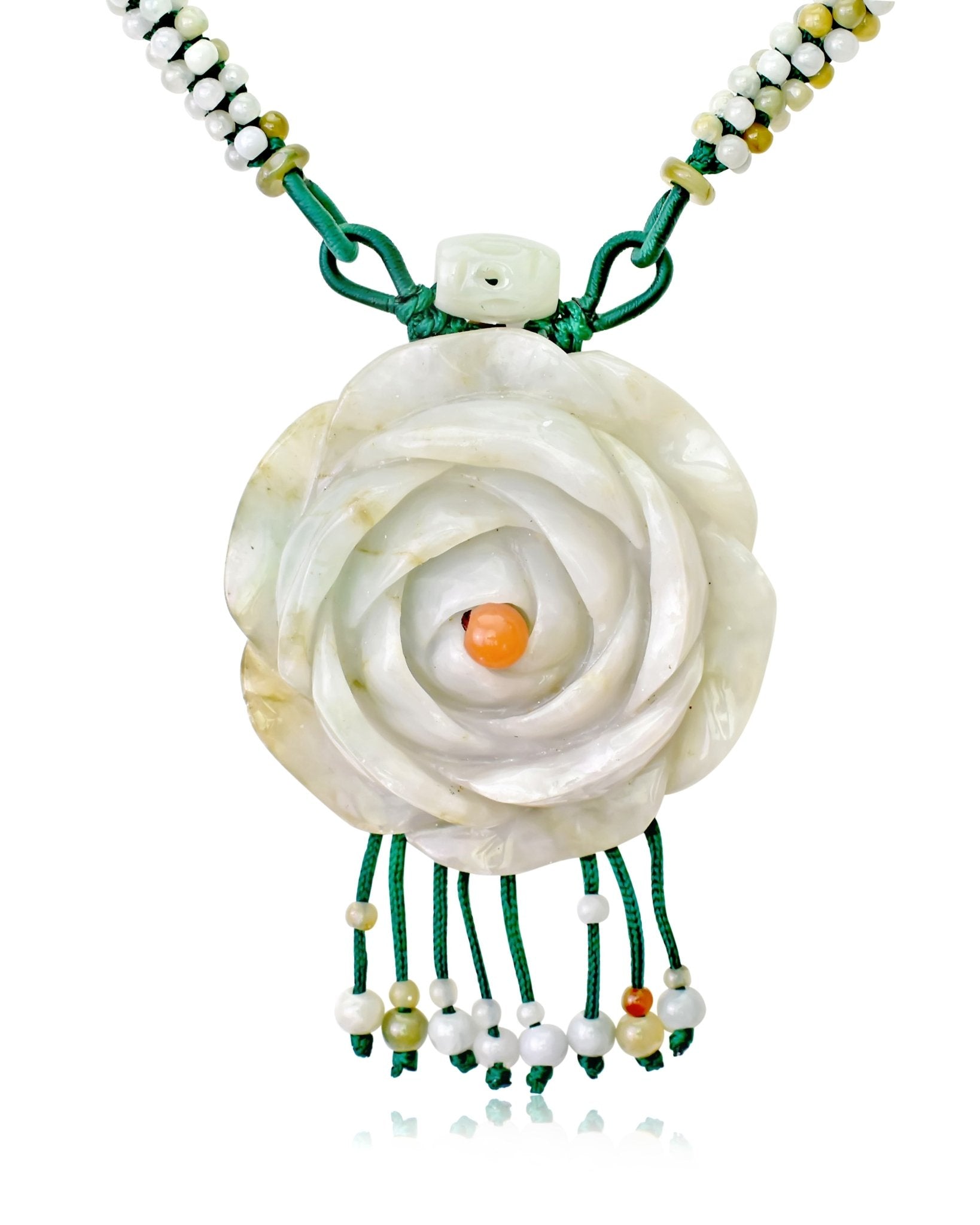 Jade flower pendant beaded rose necklace for celebrating love and life