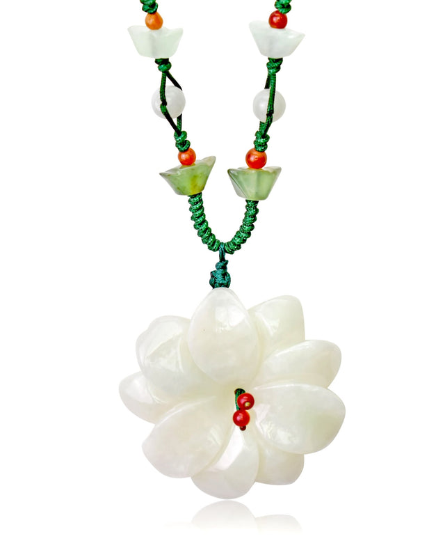 Necklace for Girlfriend with White Dahlia Flower and Jade a Thoughtful Anniversary Gift Idea