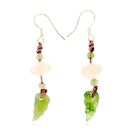 Pink Beaded Earrings with Green Leaf with Pink for Lady Pink and Green Leaf Valentine’s Day Gift 