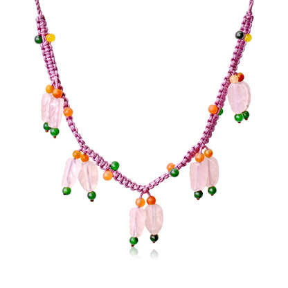 Pink Leaves Handmade Pink Stone Necklace for Women Pink Rose Quartz Necklace Anniversary Gift 