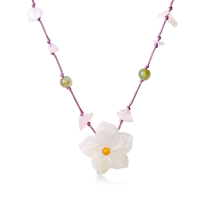 Pink floral necklace featuring wild columbine and jade a meaningful gift of love and harmony for Valentine's Day

