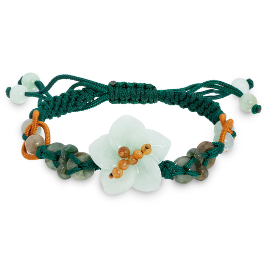 Add a Touch of Nature with this Charming Breath of Heaven Flower Jade Bracelet made with Green Cord