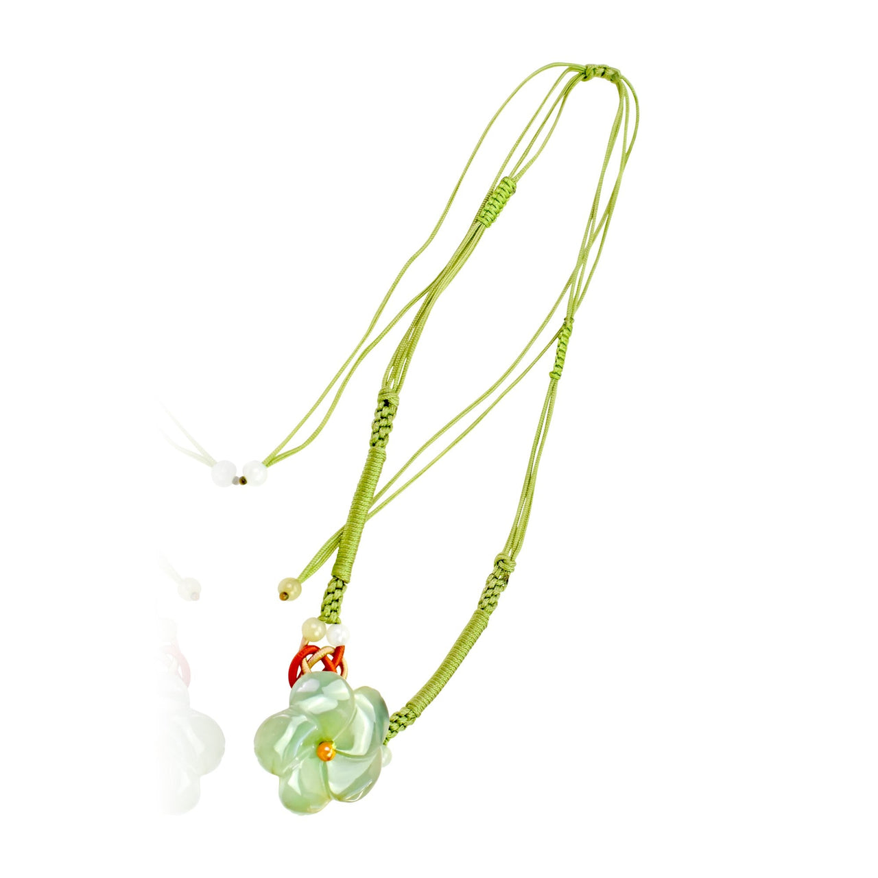 Summer flowering clematis inspired jade pendant a necklace celebrating birthday with good fortune, and long life