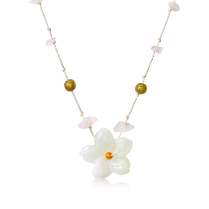 Unique pink floral necklace with jade and wild columbine a thoughtful anniversary gift for love