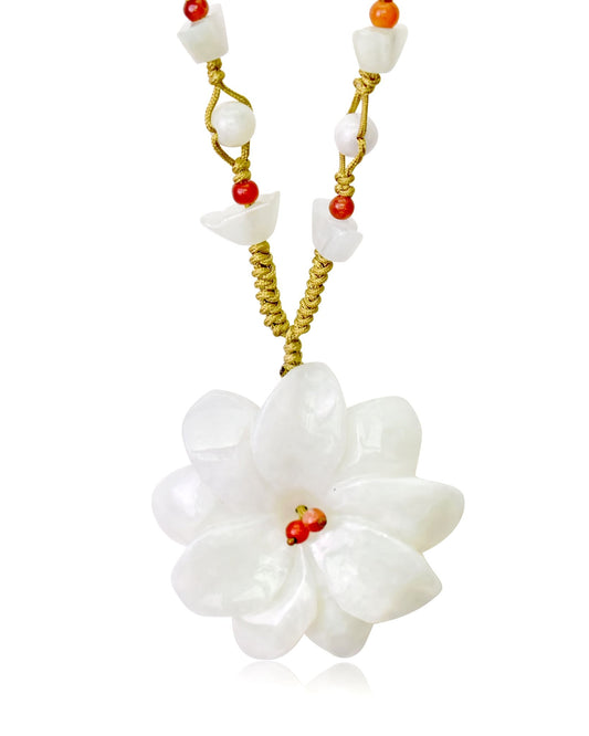 White Dahlia Flower Jade Necklace a Mother’s Day Jewelry for Women 