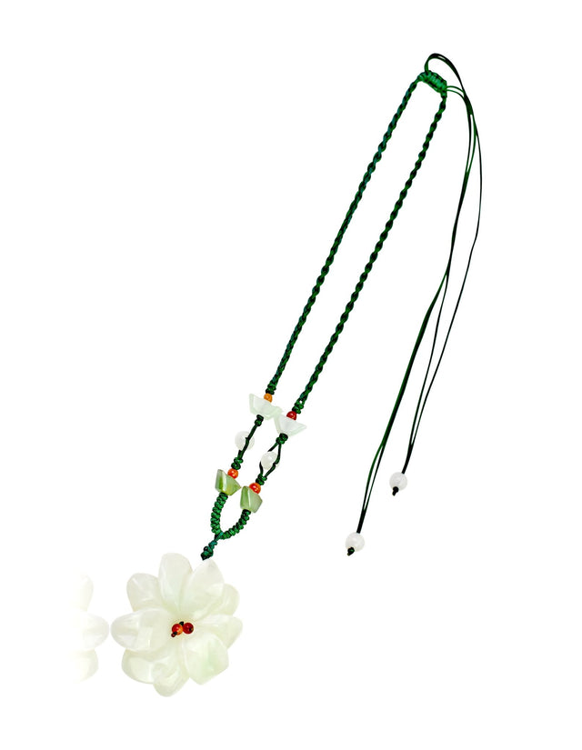 White Dahlia Flower and Jade Beaded Necklace a Handmade Birthday Gift for Women and Friends