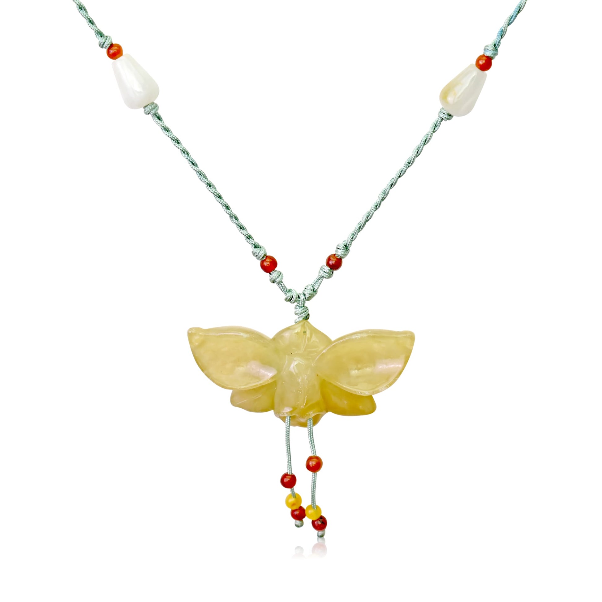Yellow jade Necklace Orchid Butterfly for Her Birthday Orchid Flower for Anniversary Gifting 